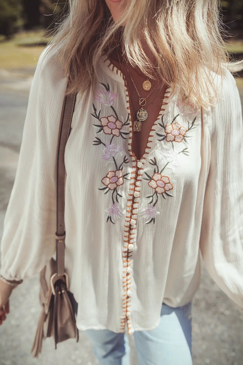 Grateful Threads Boutique Beige Floral Embroidered Puff Sleeve Shirt - Shirts