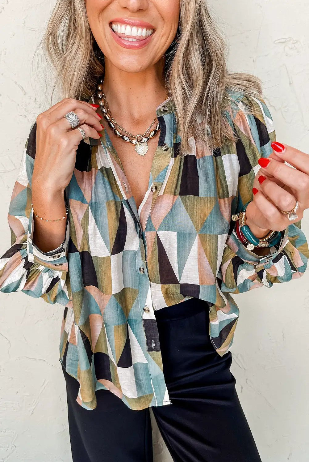 Grateful Threads Boutique Green Geometric Print Buttoned Ballooned Sleeve Blouse - Blouses