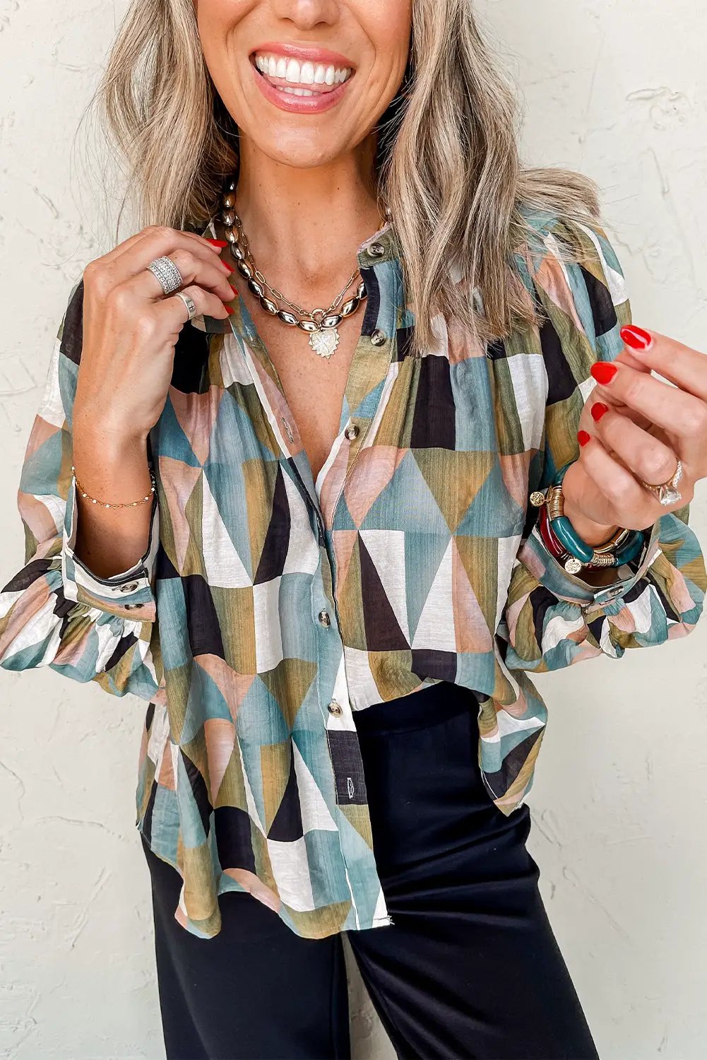Grateful Threads Boutique Green Geometric Print Buttoned Ballooned Sleeve Blouse - Blouses