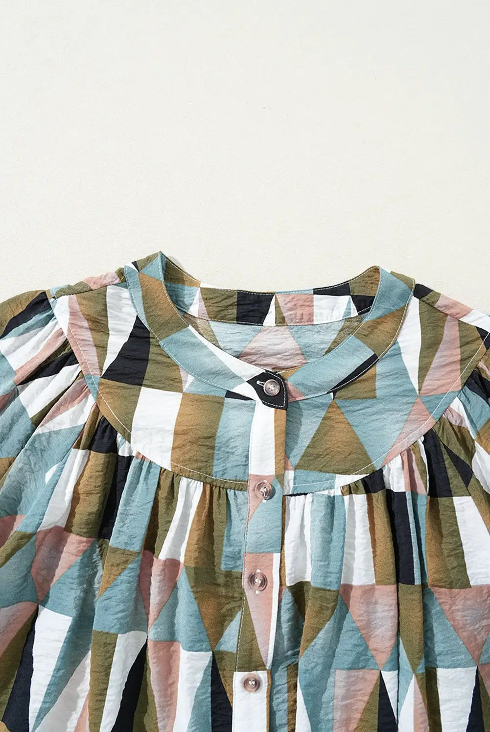 Grateful Threads Boutique Green Geometric Print Buttoned Ballooned Sleeve Blouse - Blouses