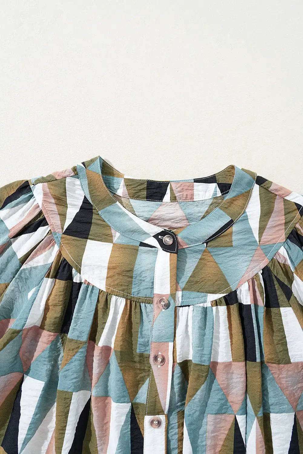 Grateful Threads Boutique Green Geometric Print Buttoned Ballooned Sleeve Blouse - Blouses