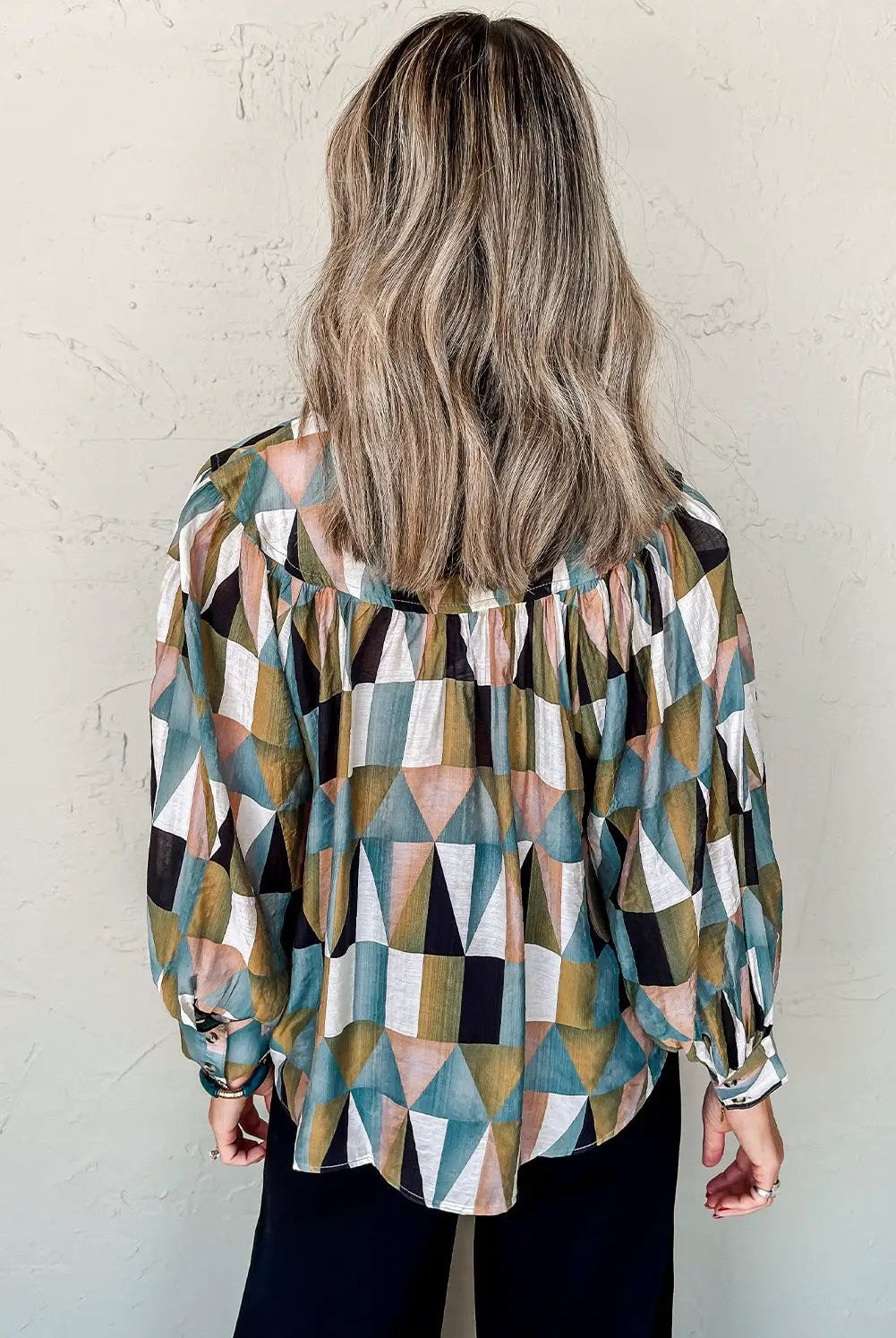 Grateful Threads Boutique Green Geometric Print Buttoned Ballooned Sleeve Blouse - Blouses