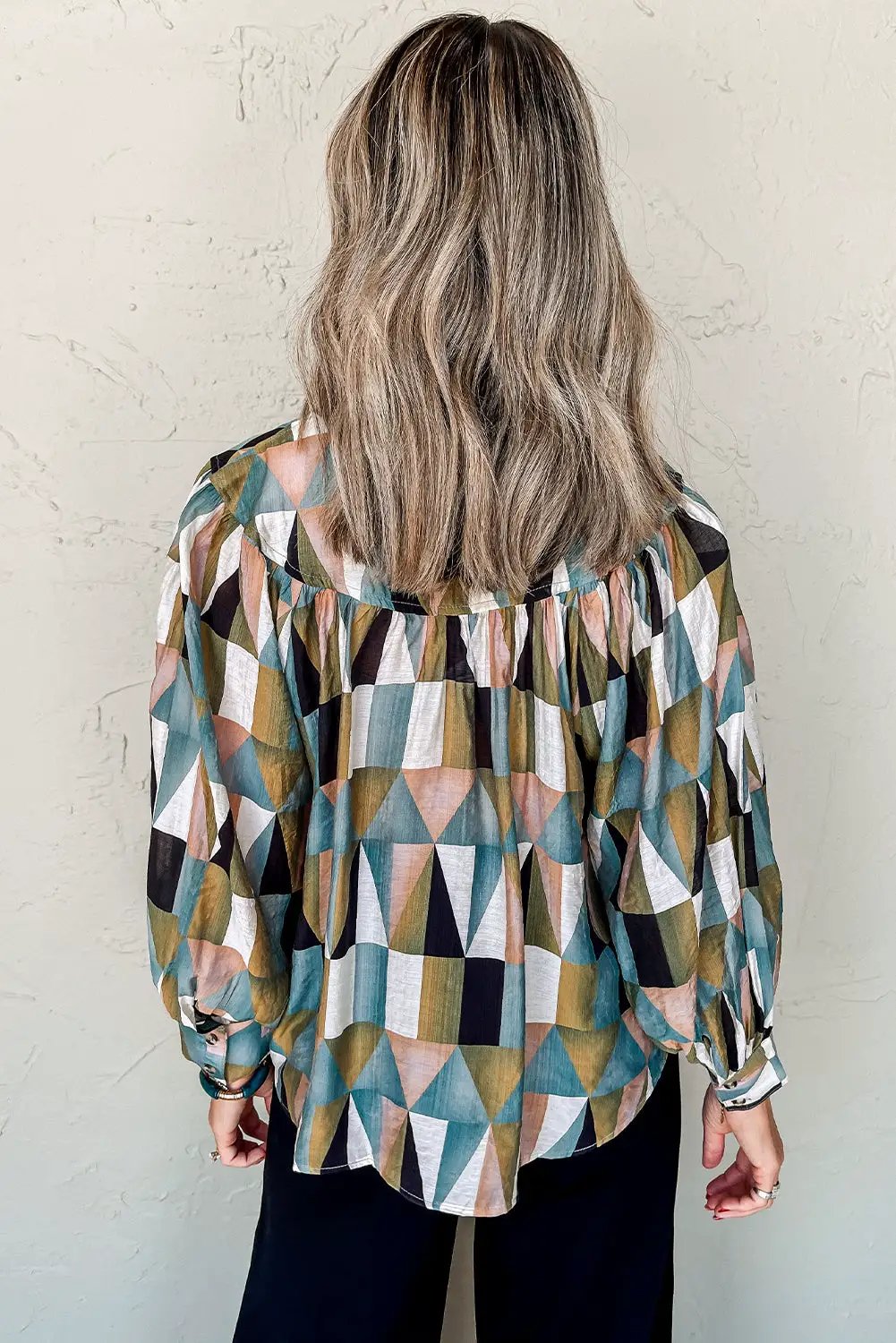 Grateful Threads Boutique Green Geometric Print Buttoned Ballooned Sleeve Blouse - Blouses