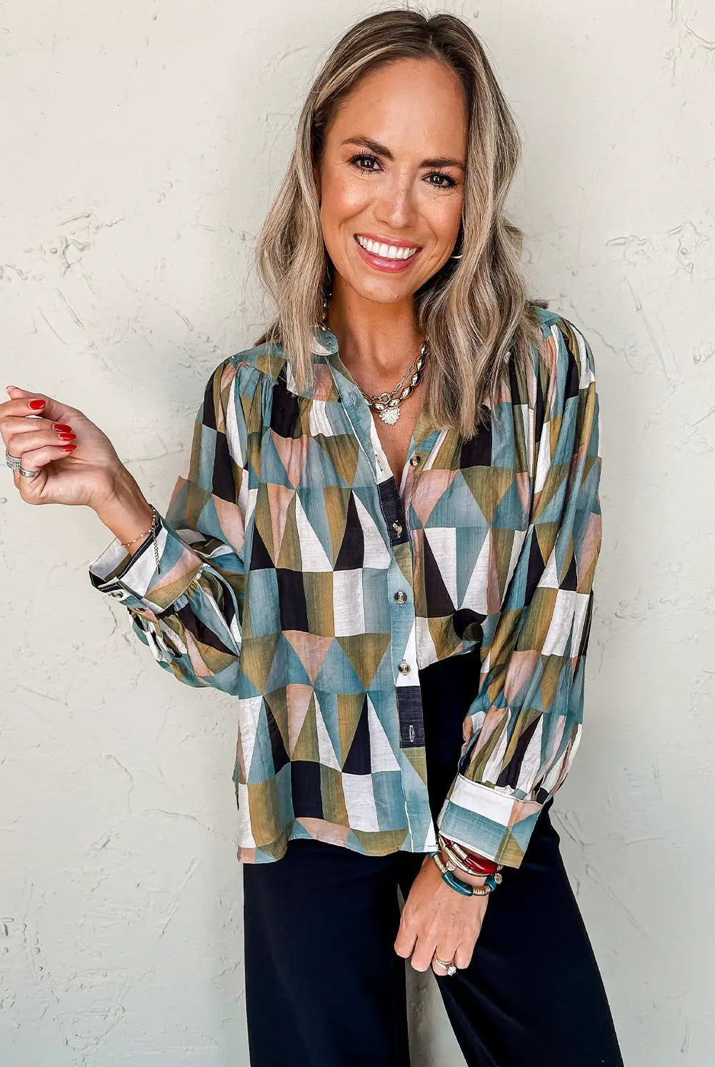 Grateful Threads Boutique Green Geometric Print Buttoned Ballooned Sleeve Blouse - Blouses