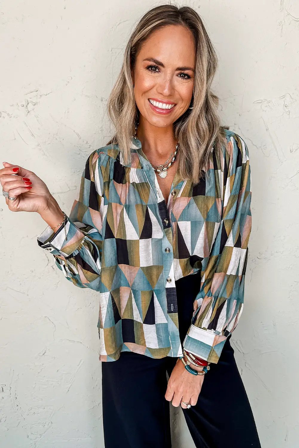 Grateful Threads Boutique Green Geometric Print Buttoned Ballooned Sleeve Blouse - Blouses