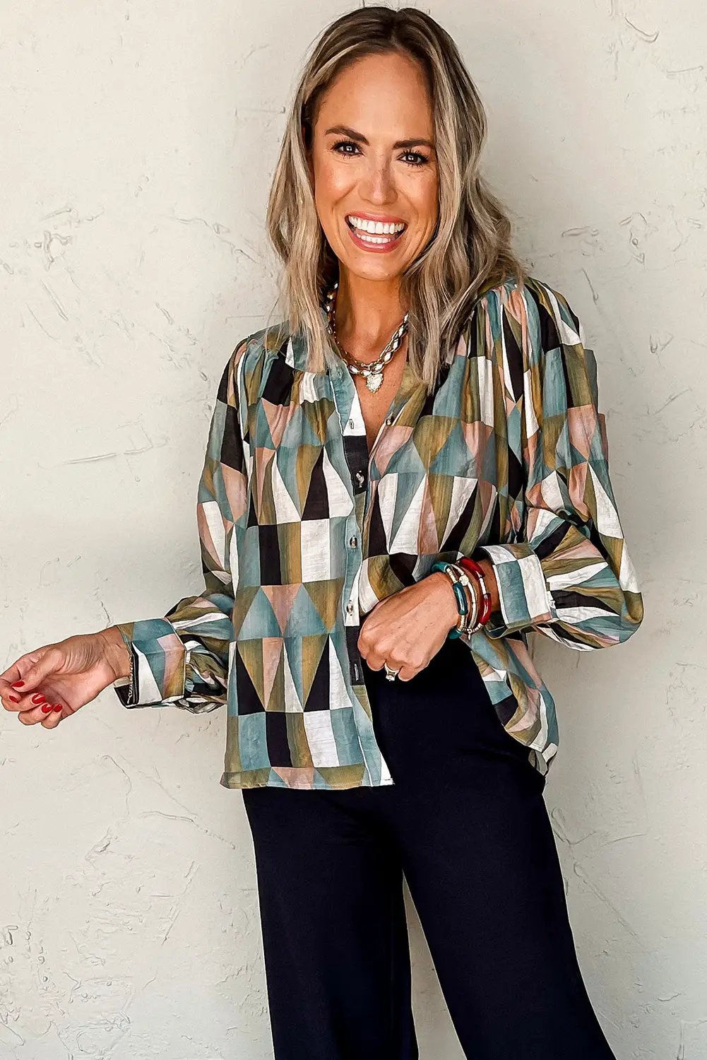 Grateful Threads Boutique Green Geometric Print Buttoned Ballooned Sleeve Blouse - Blouses