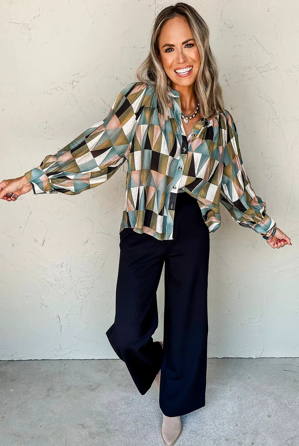 Grateful Threads Boutique Green Geometric Print Buttoned Ballooned Sleeve Blouse - Blouses