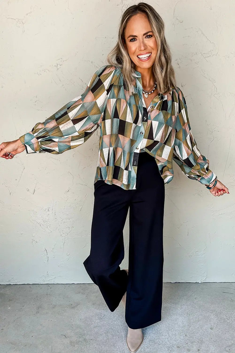 Grateful Threads Boutique Green Geometric Print Buttoned Ballooned Sleeve Blouse - Blouses