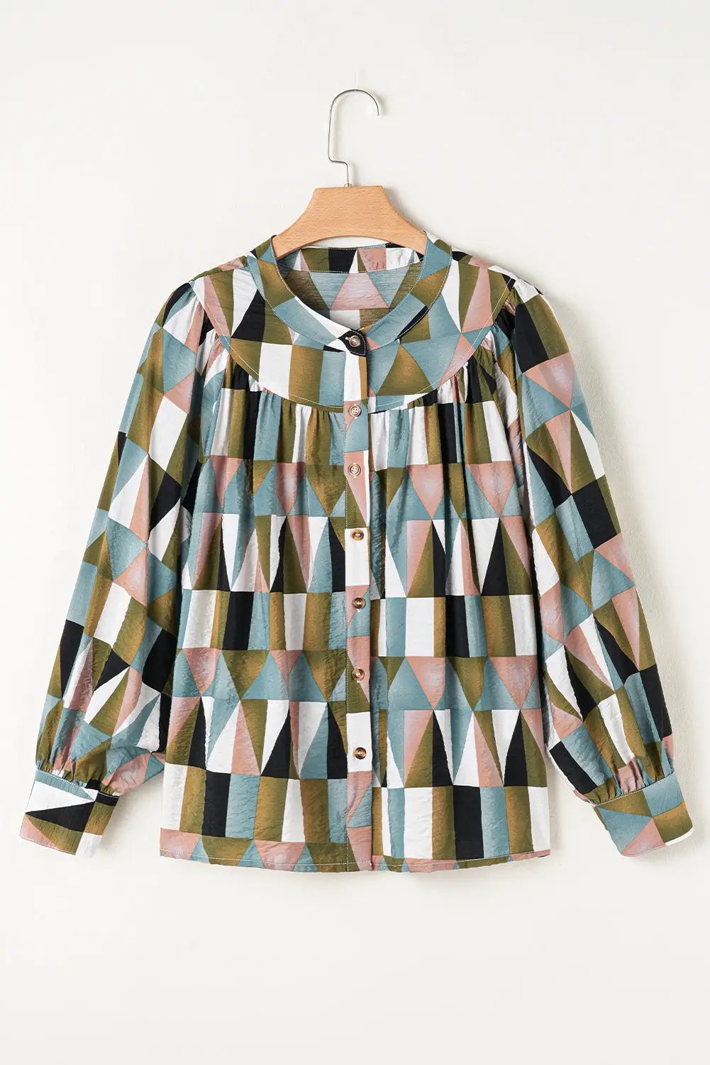 Grateful Threads Boutique Green Geometric Print Buttoned Ballooned Sleeve Blouse - Blouses