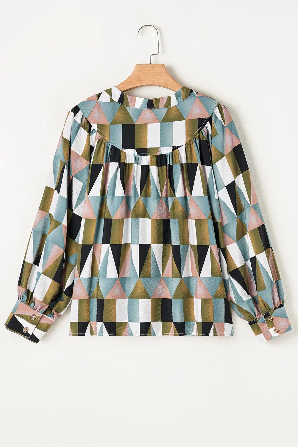 Grateful Threads Boutique Green Geometric Print Buttoned Ballooned Sleeve Blouse - Blouses