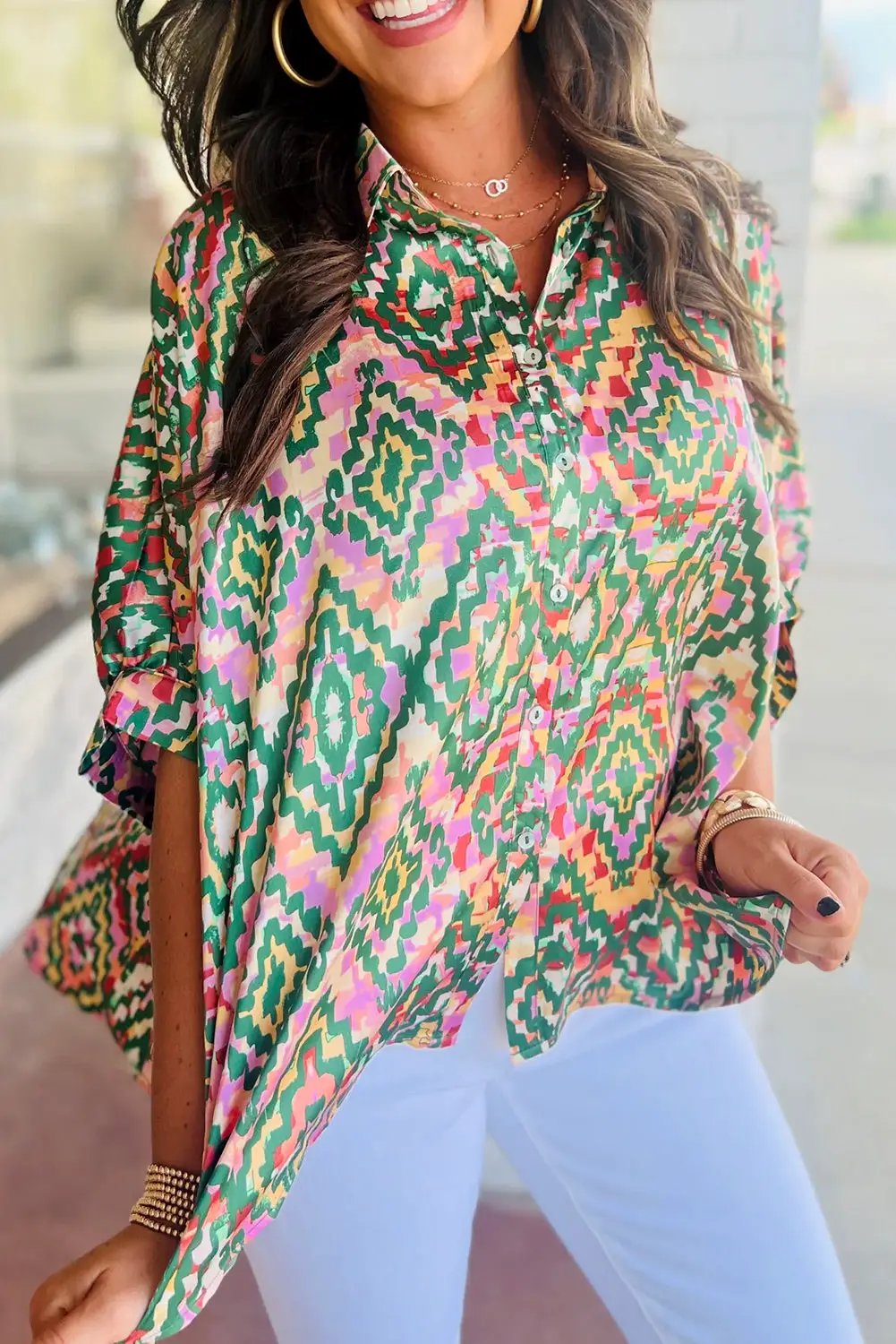 Grateful Threads Boutique Dark Green Abstract Print Half Sleeve Button up Loose Shirt - Shirts Dark Green Abstract Print Half Sleeve Button up Loose Shirt