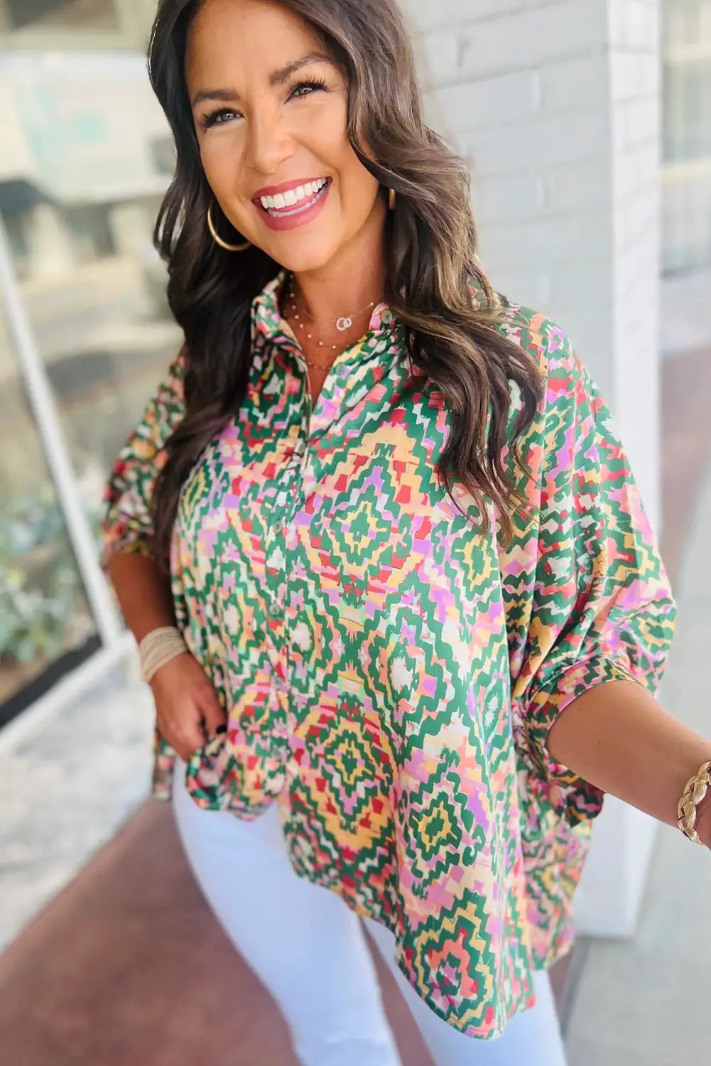 Grateful Threads Boutique Dark Green Abstract Print Half Sleeve Button up Loose Shirt - Shirts Dark Green Abstract Print Half Sleeve Button up Loose Shirt