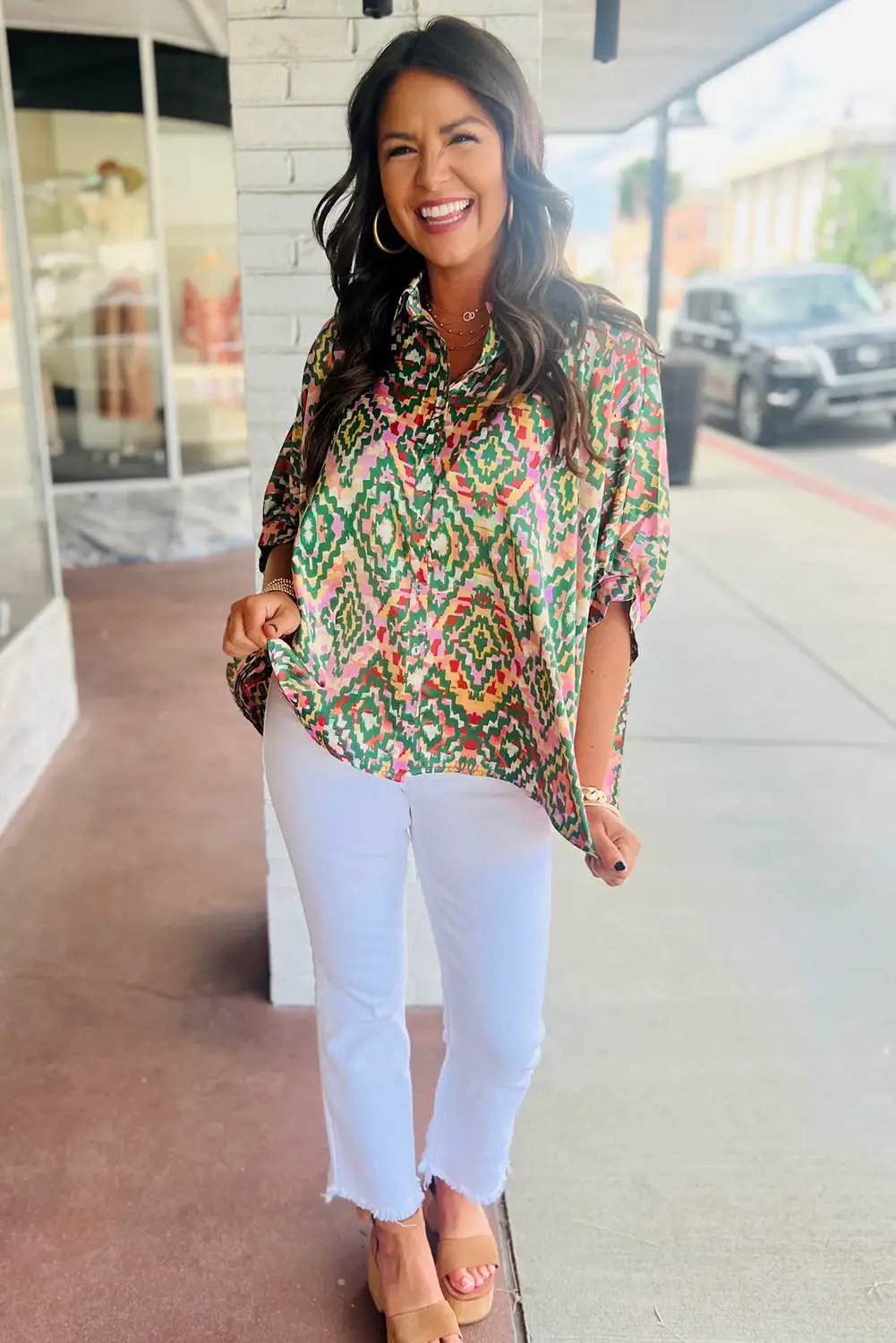 Grateful Threads Boutique Dark Green Abstract Print Half Sleeve Button up Loose Shirt - Shirts Dark Green Abstract Print Half Sleeve Button up Loose Shirt