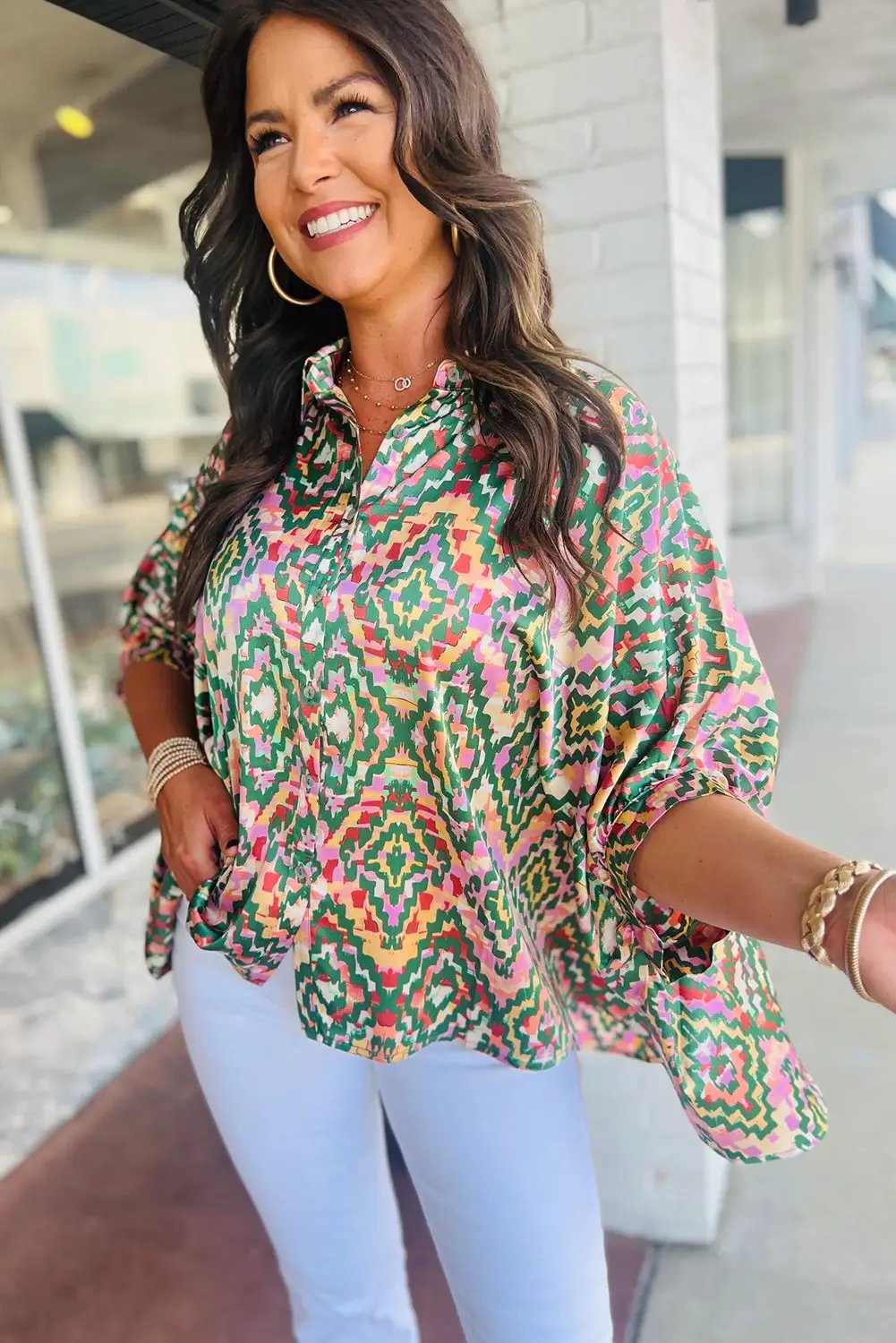 Grateful Threads Boutique Dark Green Abstract Print Half Sleeve Button up Loose Shirt - Shirts Dark Green Abstract Print Half Sleeve Button up Loose Shirt