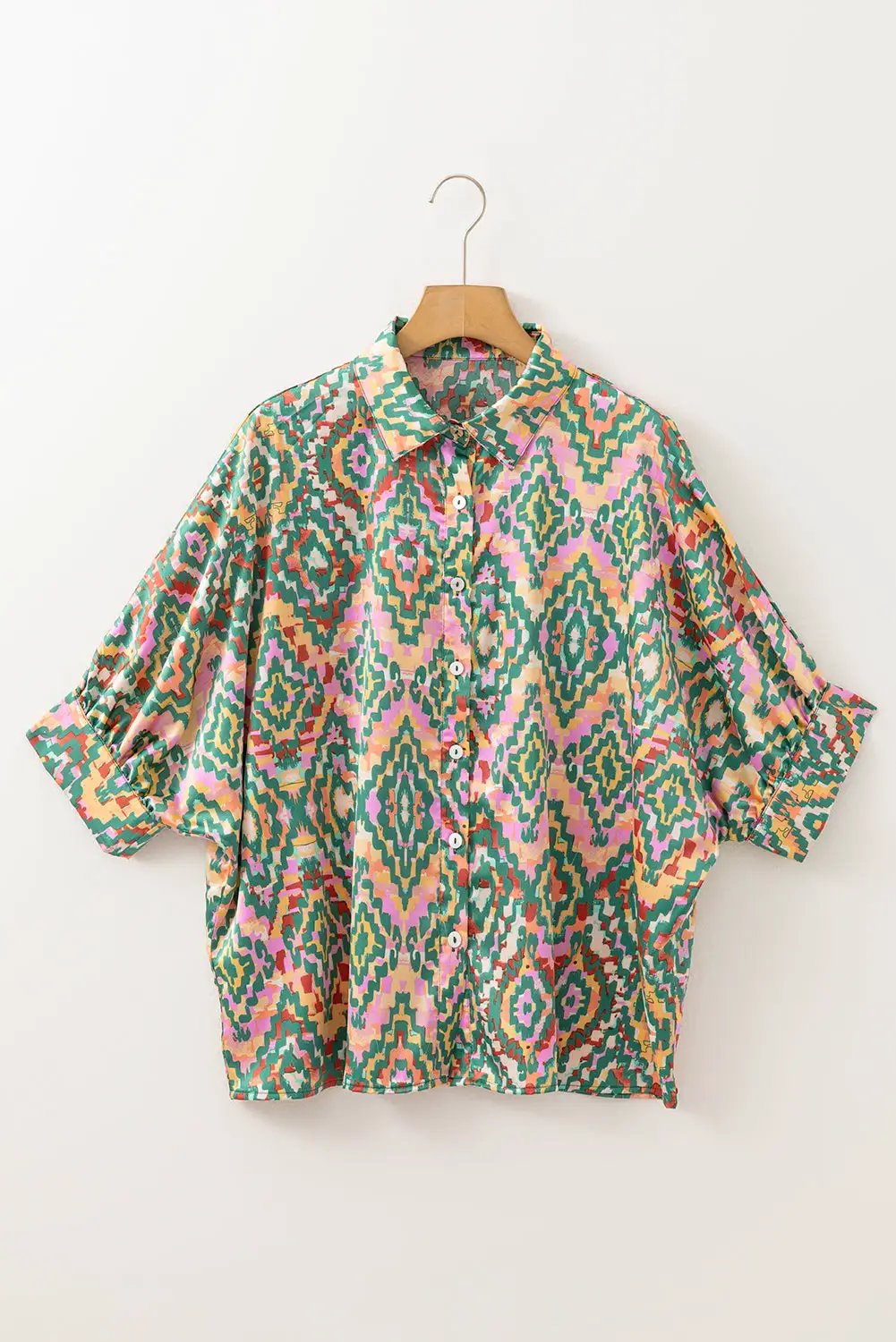 Grateful Threads Boutique Dark Green Abstract Print Half Sleeve Button up Loose Shirt - Shirts Dark Green Abstract Print Half Sleeve Button up Loose Shirt