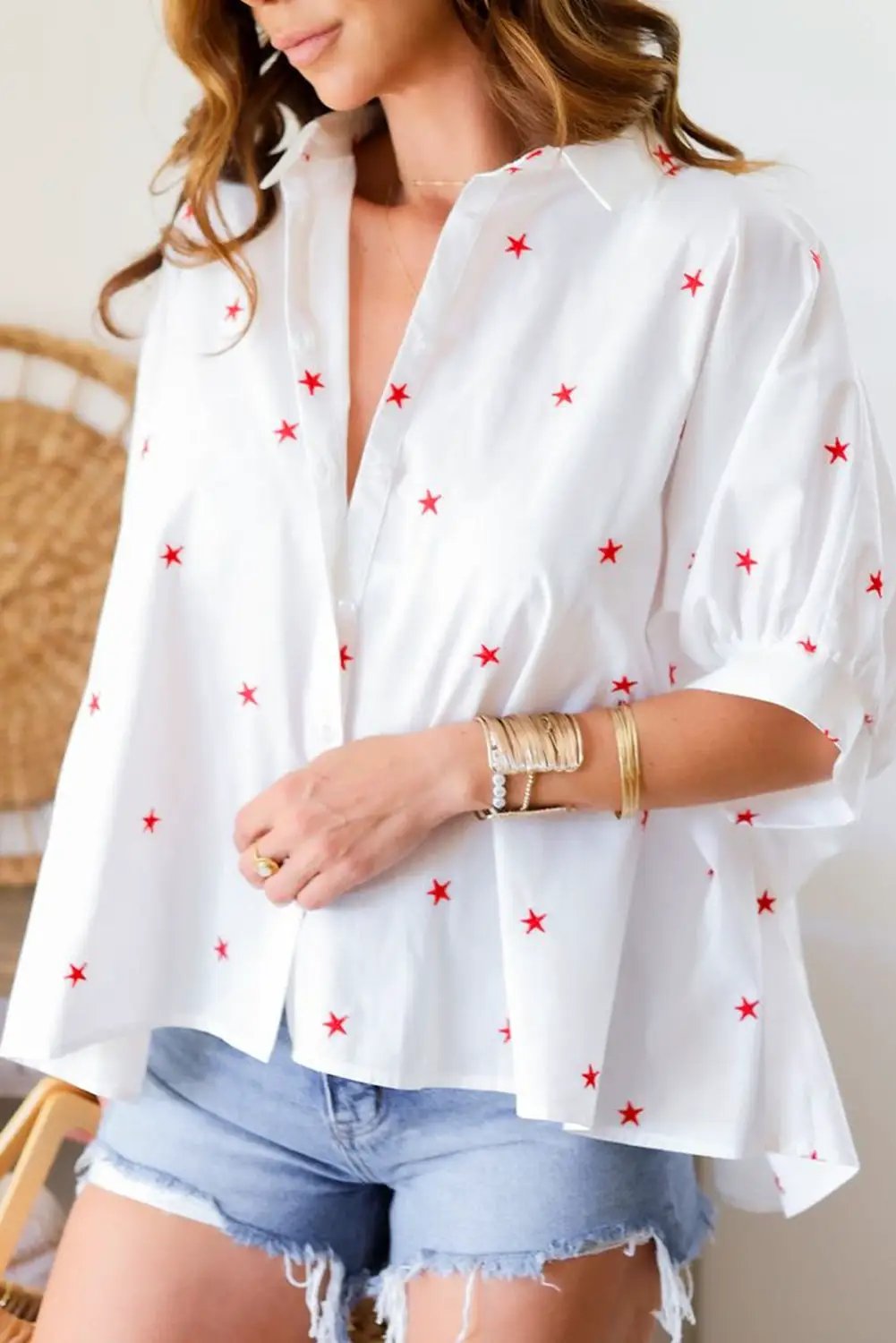 Grateful Threads Boutique White Red Little Stars Half Sleeve Shirt - Shirts white red little stars blouse