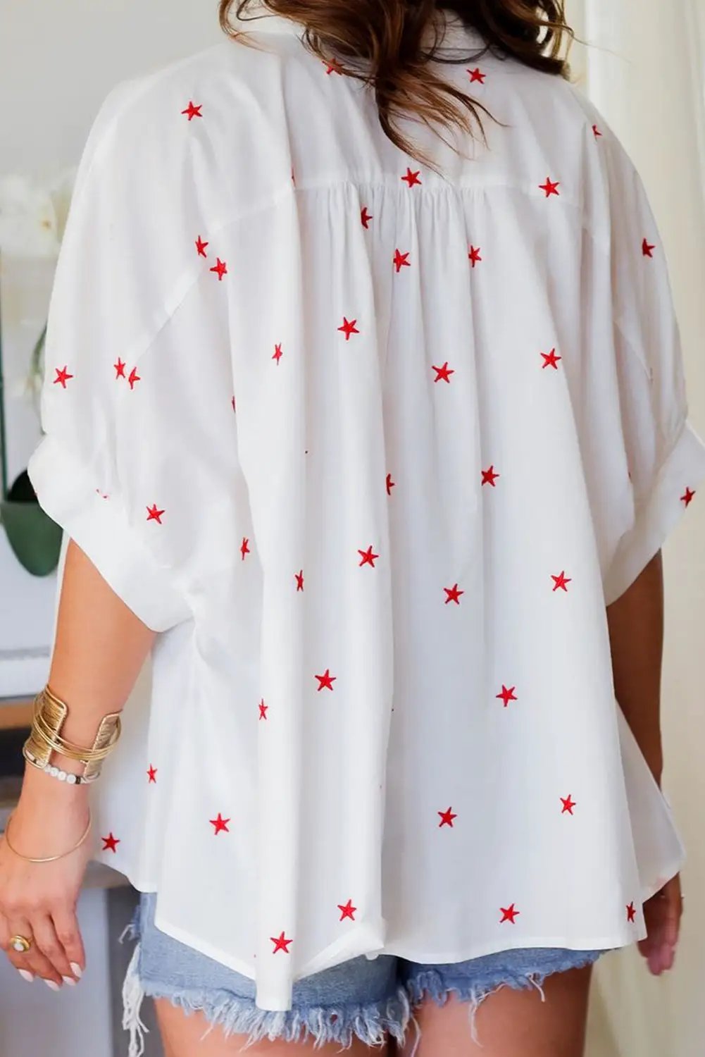 Grateful Threads Boutique White Red Little Stars Half Sleeve Shirt - Shirts white red little stars blouse
