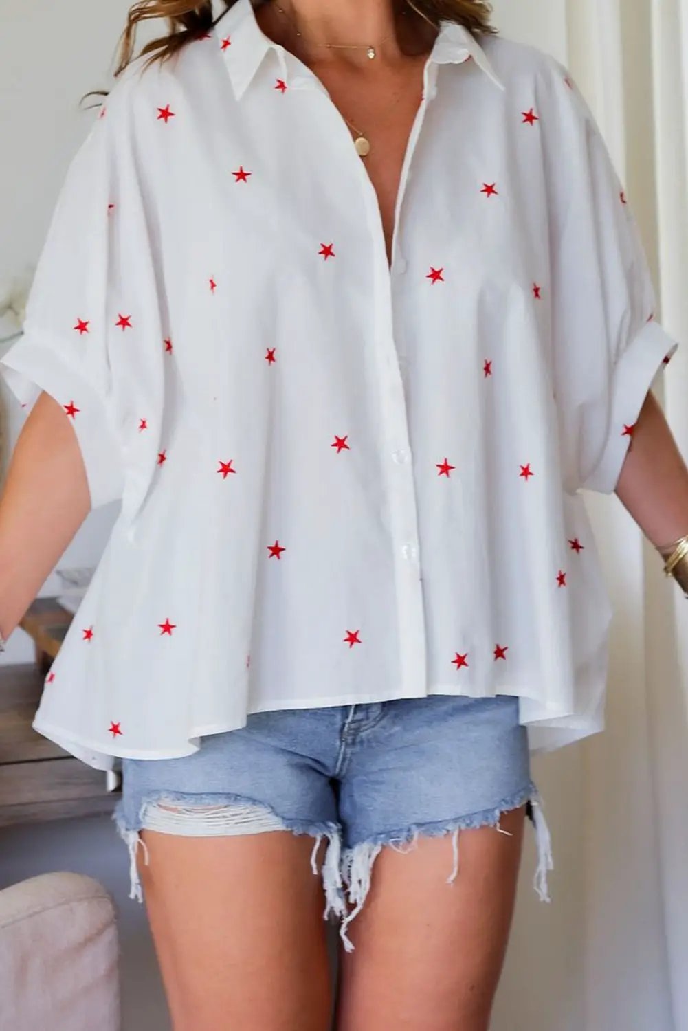 Grateful Threads Boutique White Red Little Stars Half Sleeve Shirt - Shirts white red little stars blouse