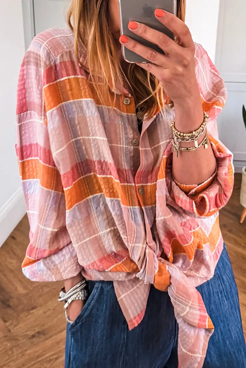 Grateful Threads Boutique Pink Oversized Check Tunic Shirt - Tunics Pink Oversized Check Tunic Shirt