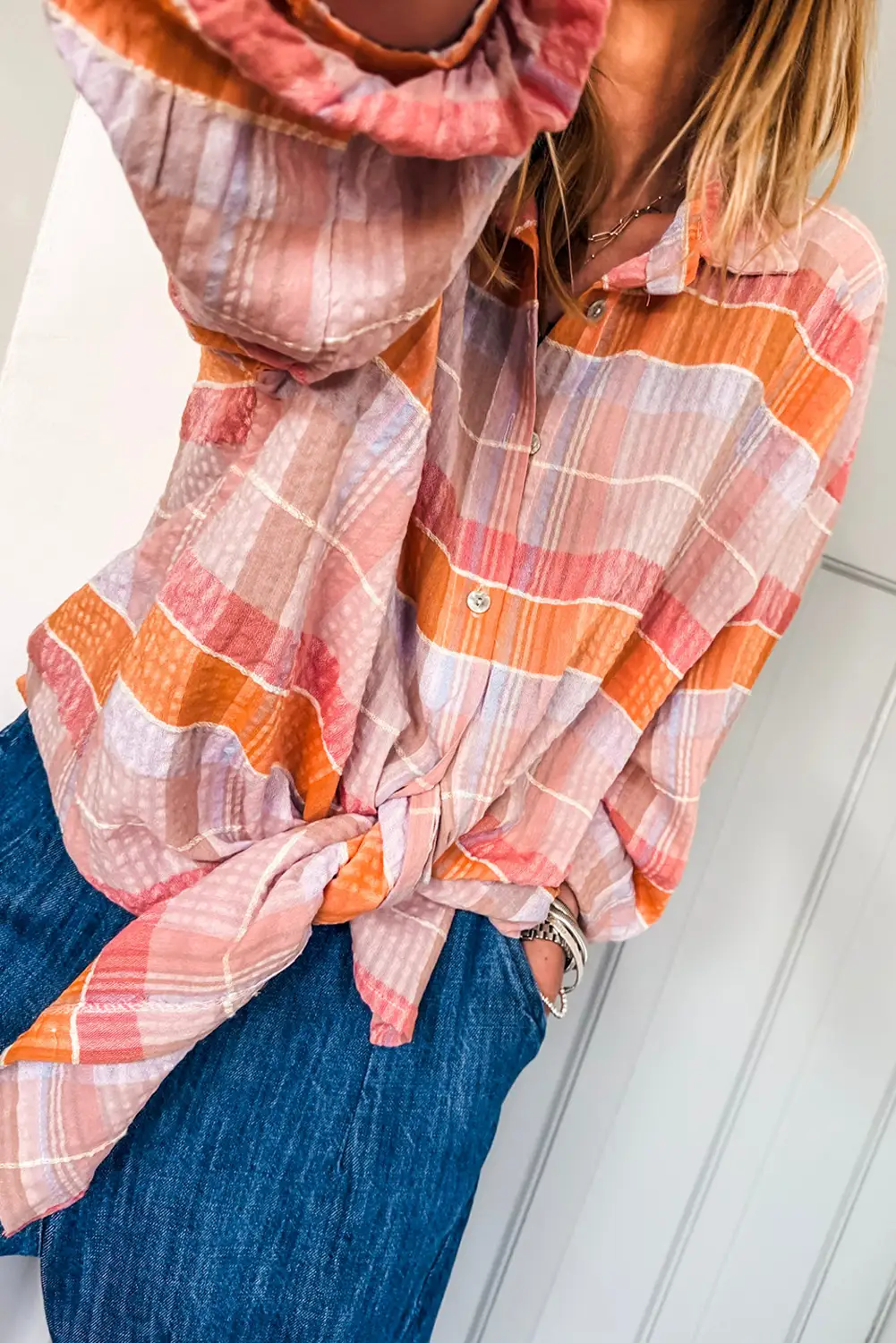Grateful Threads Boutique Pink Oversized Check Tunic Shirt - Tunics Pink Oversized Check Tunic Shirt