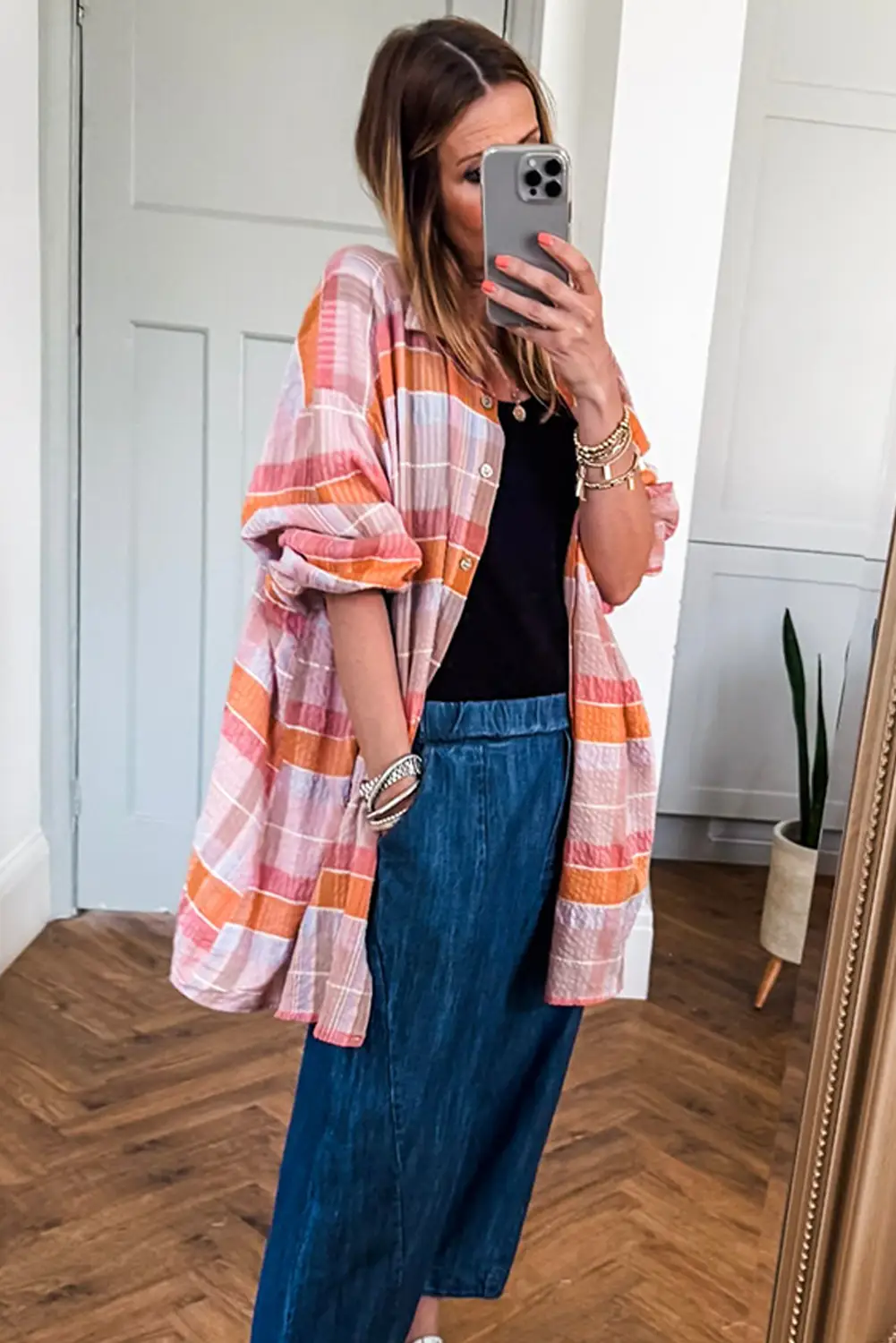Grateful Threads Boutique Pink Oversized Check Tunic Shirt - Tunics Pink Oversized Check Tunic Shirt