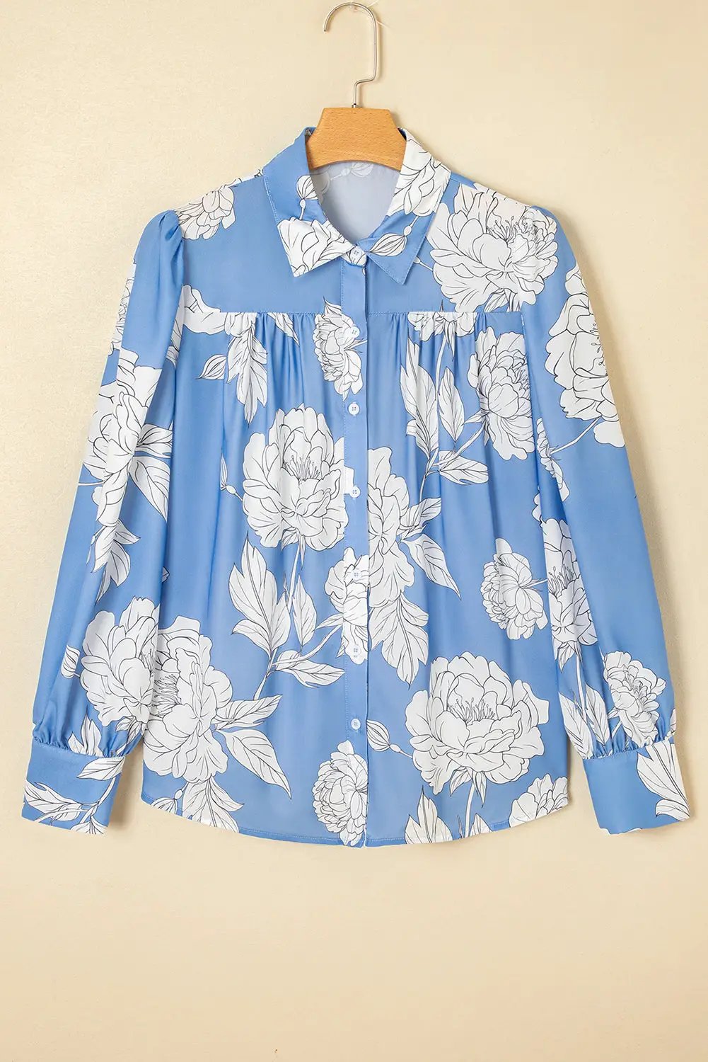 Grateful Threads Boutique Sky Blue Floral Print Button Up Pleated Detail Puff Sleeve Shirt - Shirts Sky Blue Floral Print Button Up Pleated Detail Puff Sleeve Shirt