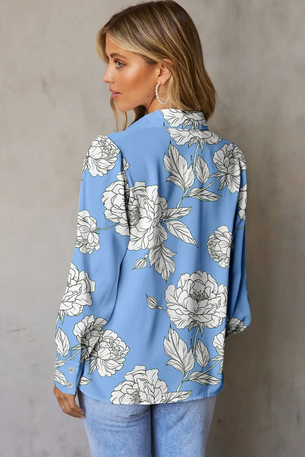 Grateful Threads Boutique Sky Blue Floral Print Button Up Pleated Detail Puff Sleeve Shirt - Shirts Sky Blue Floral Print Button Up Pleated Detail Puff Sleeve Shirt