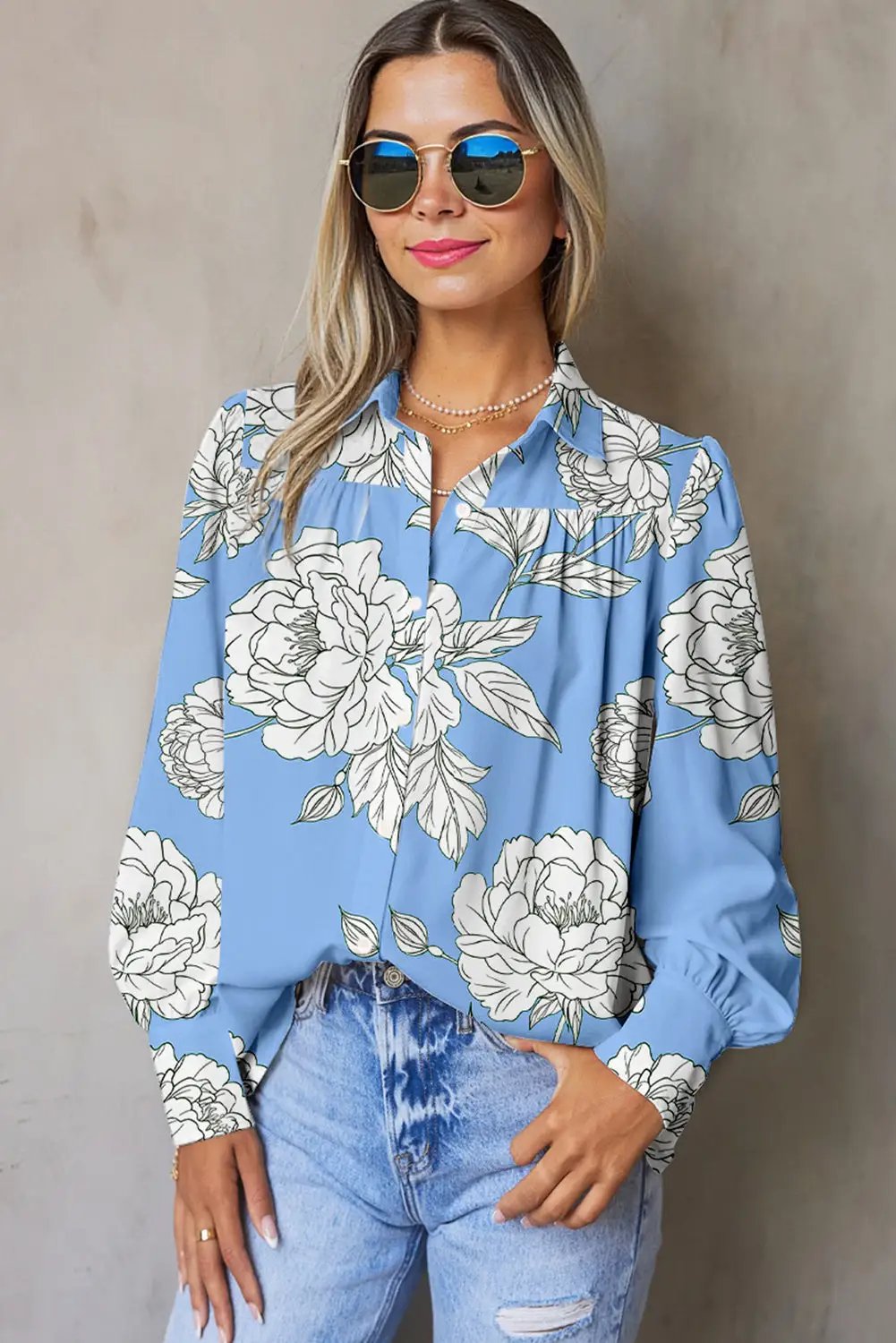 Grateful Threads Boutique Sky Blue Floral Print Button Up Pleated Detail Puff Sleeve Shirt - Shirts Sky Blue Floral Print Button Up Pleated Detail Puff Sleeve Shirt