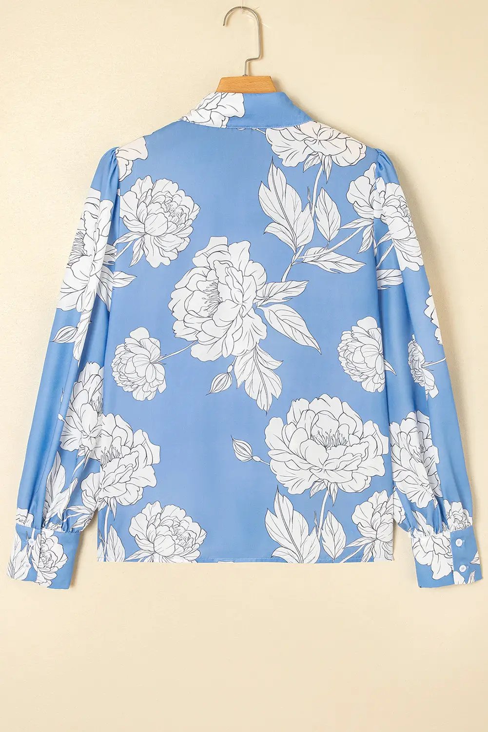 Grateful Threads Boutique Sky Blue Floral Print Button Up Pleated Detail Puff Sleeve Shirt - Shirts Sky Blue Floral Print Button Up Pleated Detail Puff Sleeve Shirt