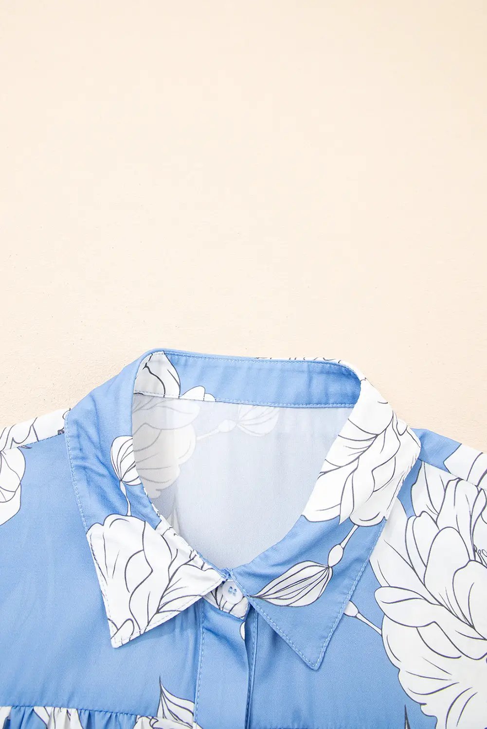 Grateful Threads Boutique Sky Blue Floral Print Button Up Pleated Detail Puff Sleeve Shirt - Shirts Sky Blue Floral Print Button Up Pleated Detail Puff Sleeve Shirt