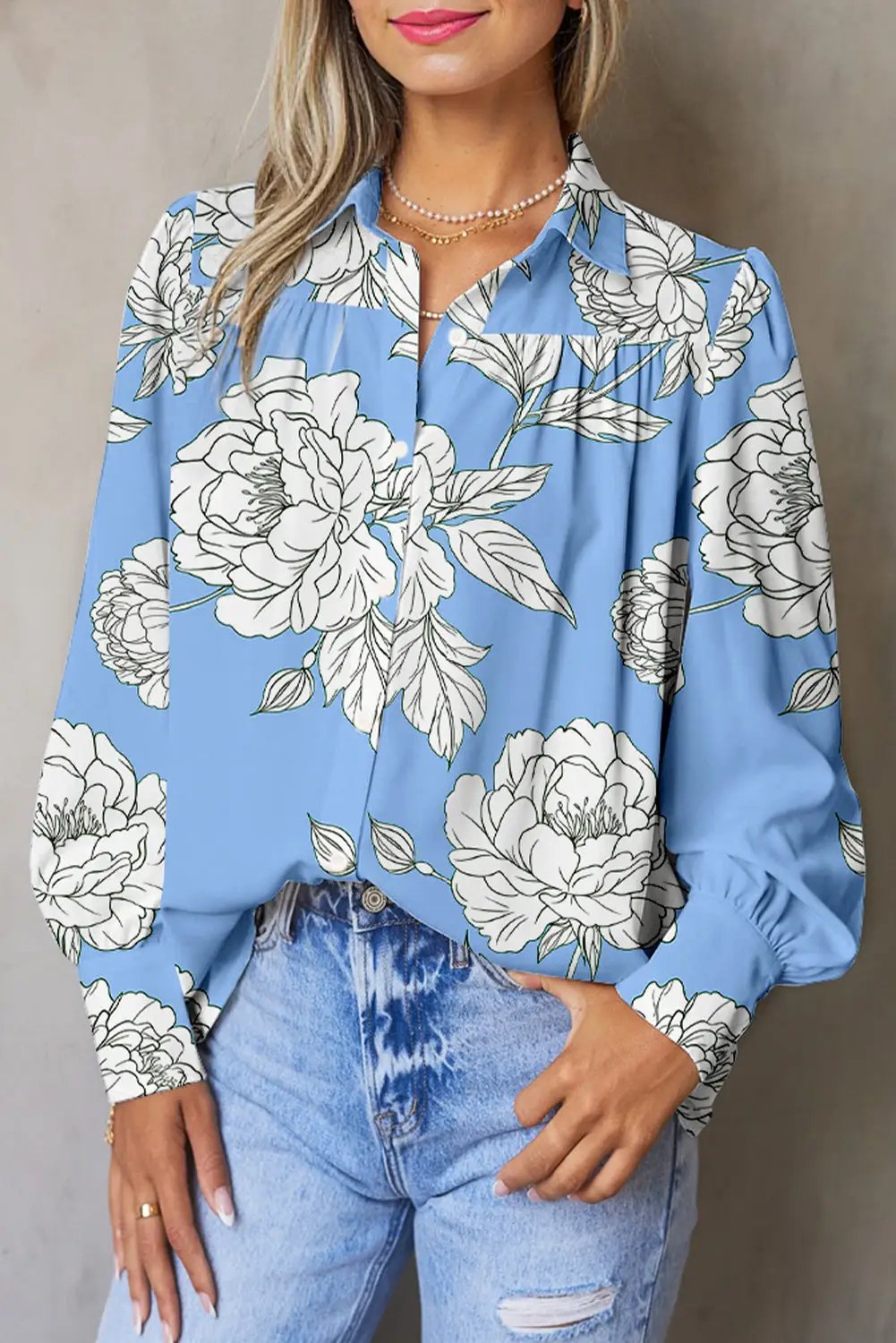 Grateful Threads Boutique Sky Blue Floral Print Button Up Pleated Detail Puff Sleeve Shirt - Shirts Sky Blue Floral Print Button Up Pleated Detail Puff Sleeve Shirt