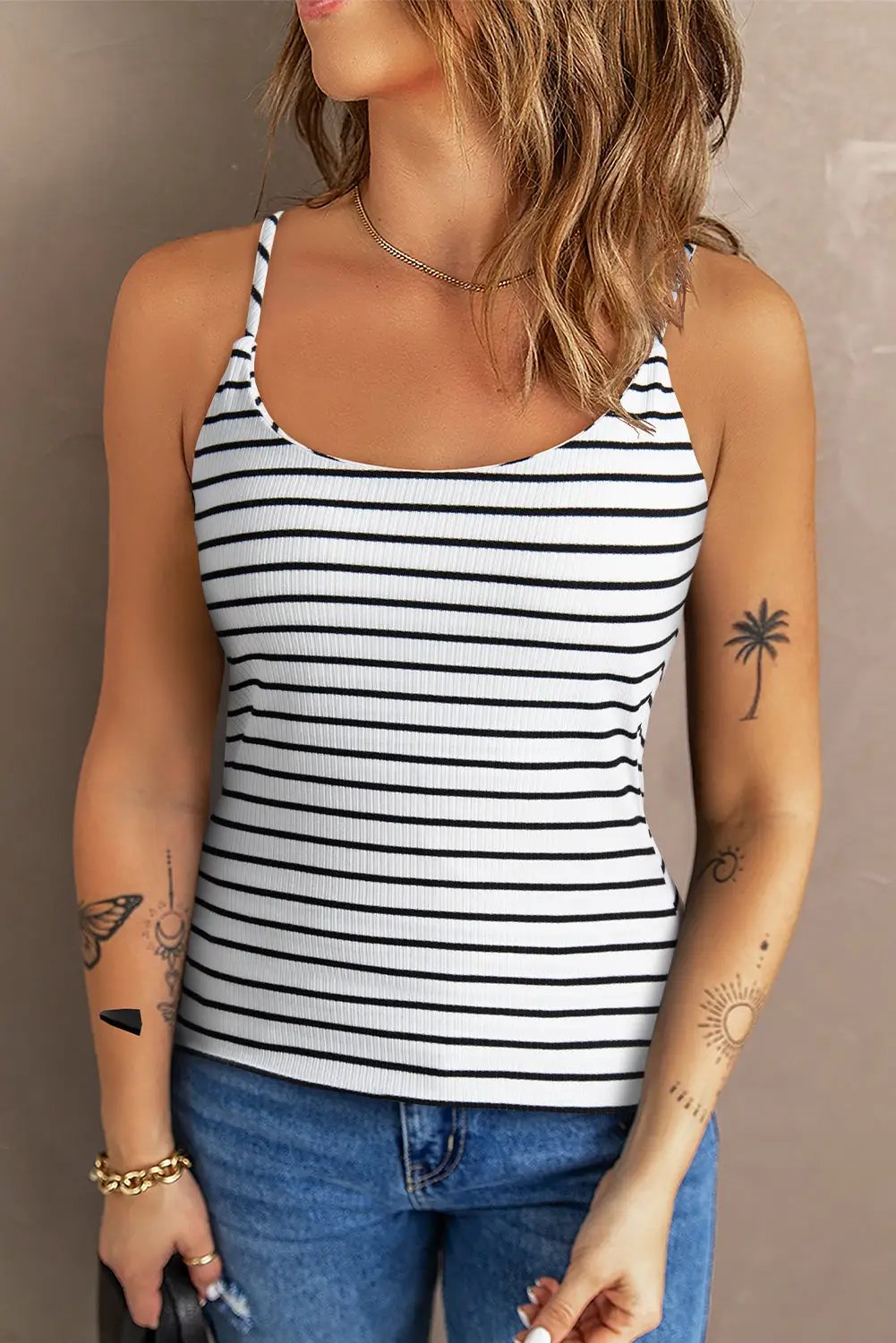 Grateful Threads Boutique White with Black Stripe Adjustable Straps Ribbed Knit Tank Top - Tank Tops White with black stripe tank top cami