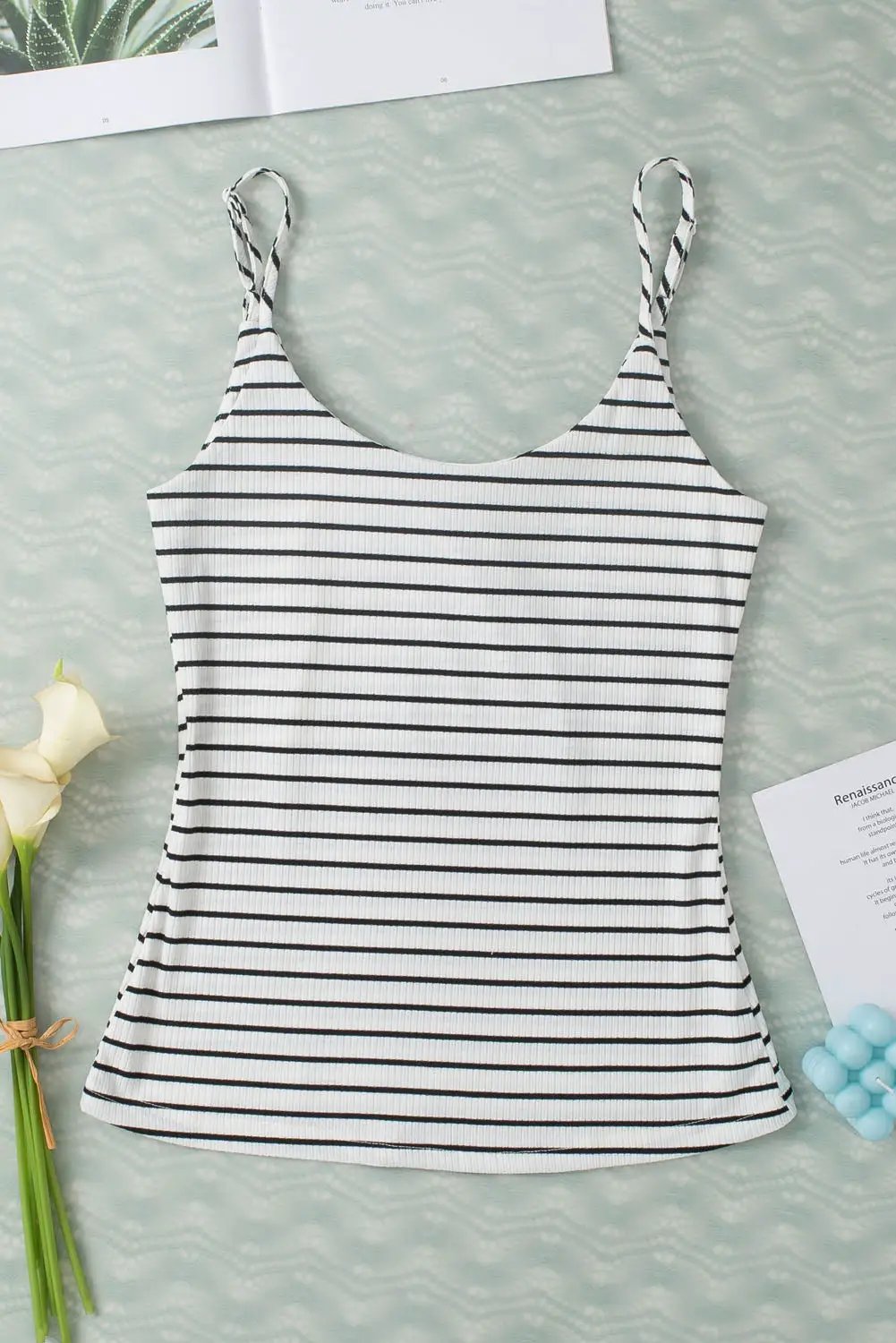 Grateful Threads Boutique White with Black Stripe Adjustable Straps Ribbed Knit Tank Top - Tank Tops White with black stripe tank top cami