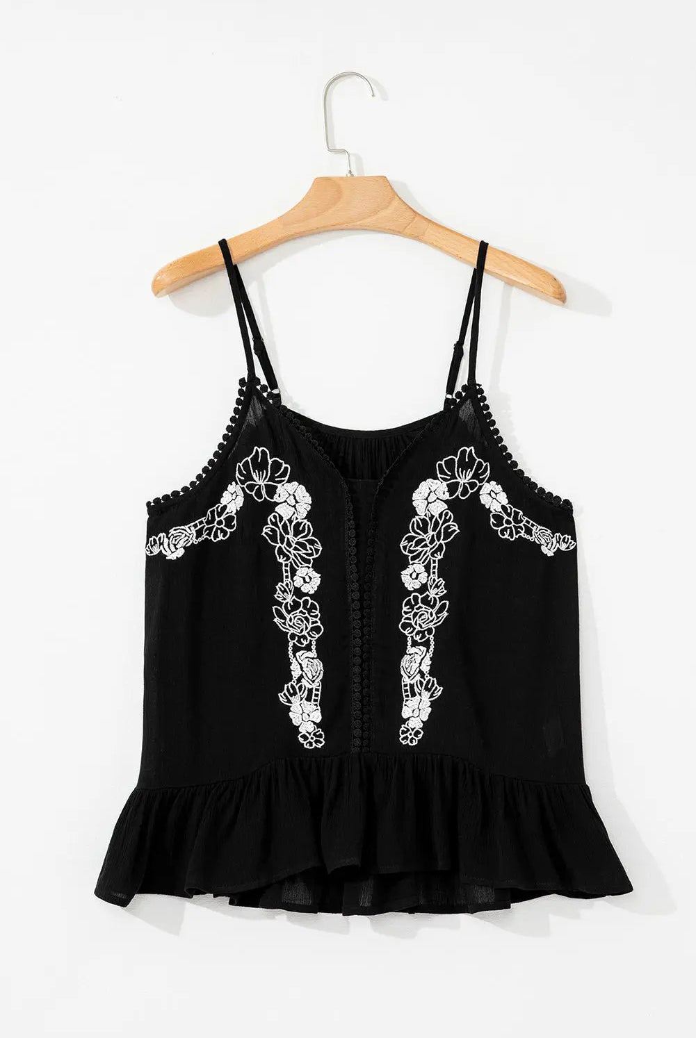Grateful Threads Boutique Midnight Bloom Embroidered Ruffle Tank - Tank Tops Black Floral Embroidery Ruffled Spaghetti Straps Tank Top