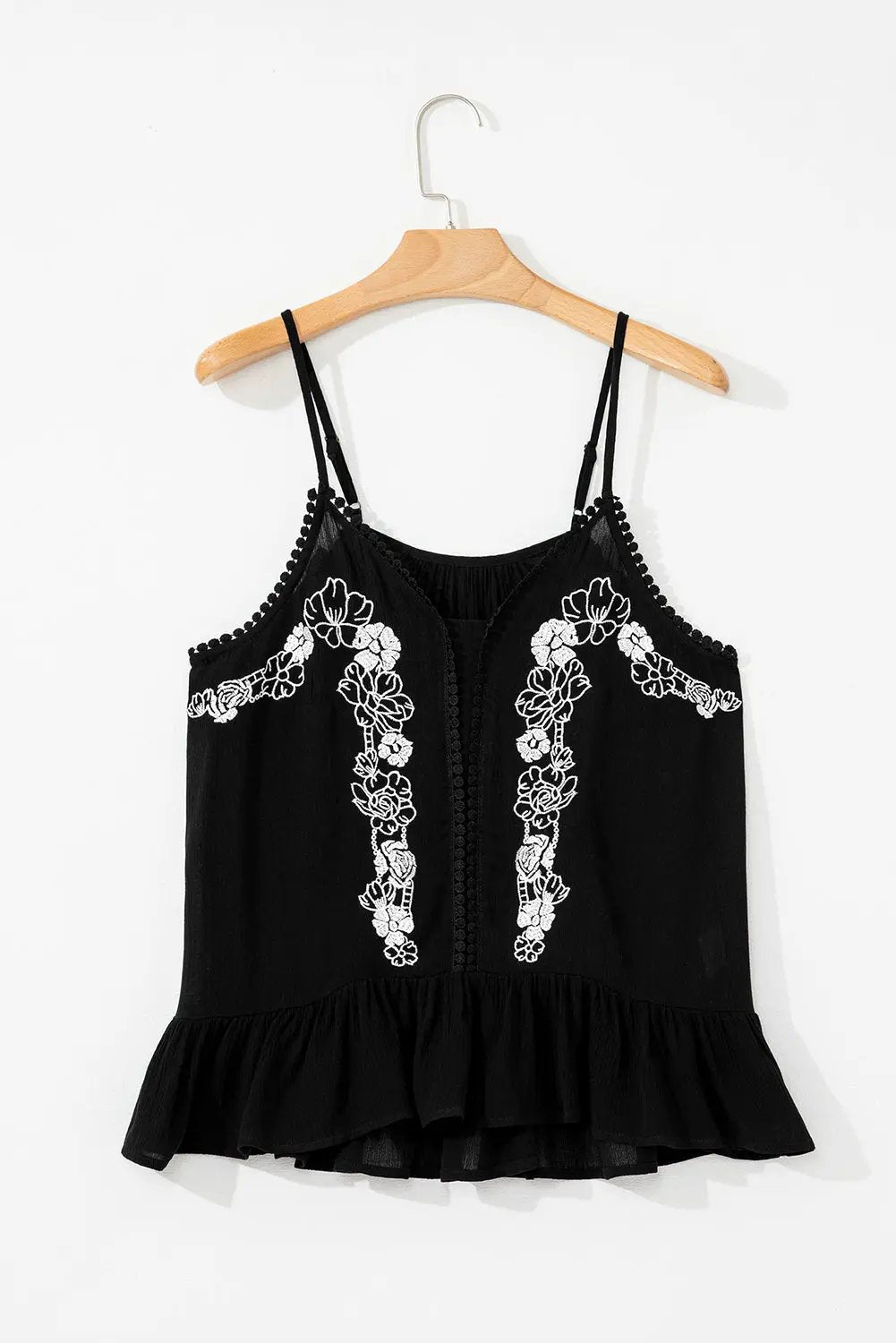 Grateful Threads Boutique Midnight Bloom Embroidered Ruffle Tank - Tank Tops Black Floral Embroidery Ruffled Spaghetti Straps Tank Top