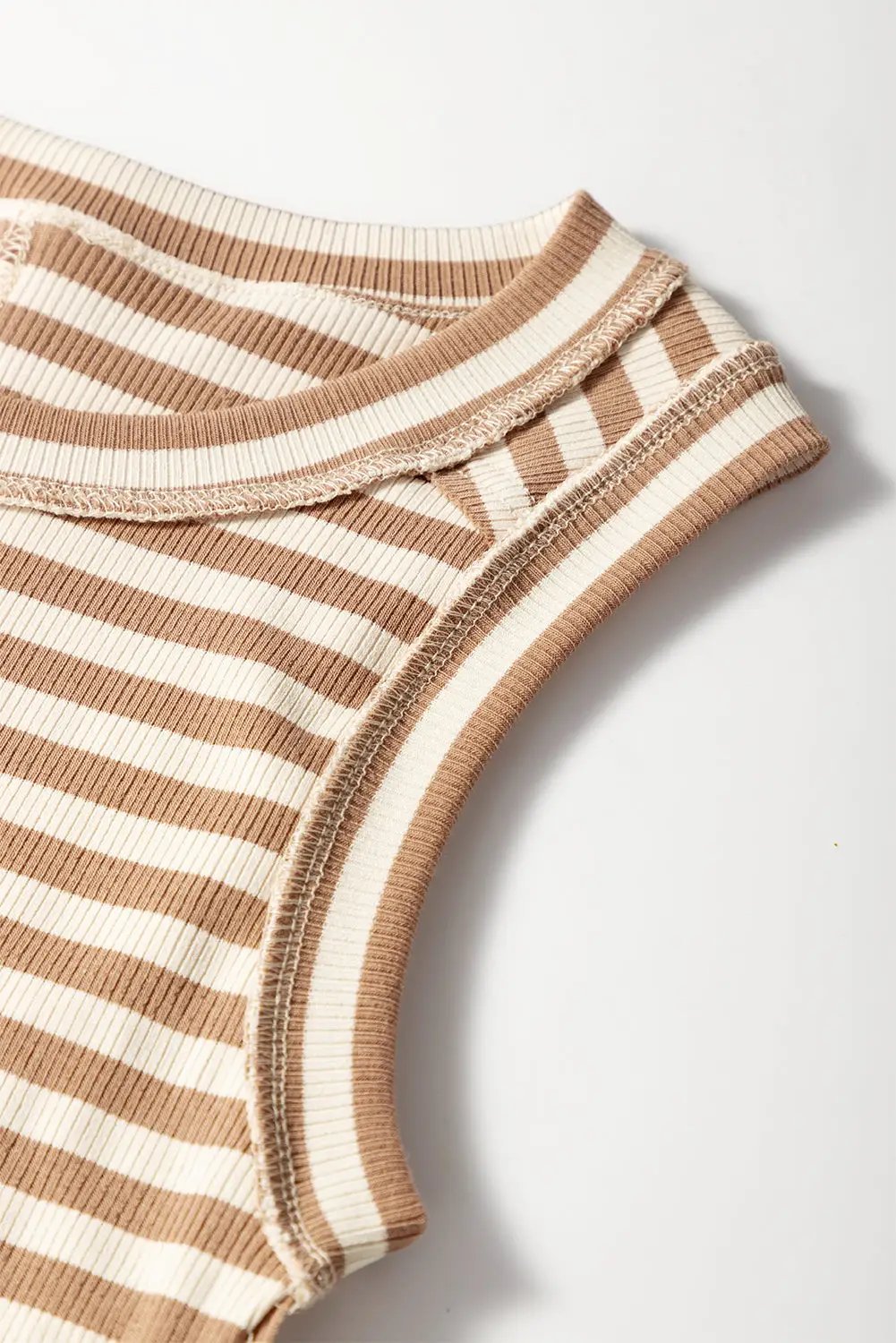 Grateful Threads Boutique Khaki Stripe Sleeveless Top with Exposed Seam Trim – Chic & Comfy - Tank Tops Khaki Stripe Exposed Seam Trim Round Neck Sleeveless Top