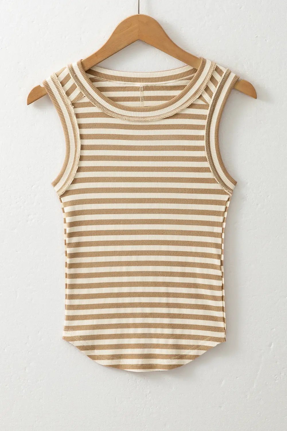 Grateful Threads Boutique Khaki Stripe Sleeveless Top with Exposed Seam Trim – Chic & Comfy - Tank Tops Khaki Stripe Exposed Seam Trim Round Neck Sleeveless Top