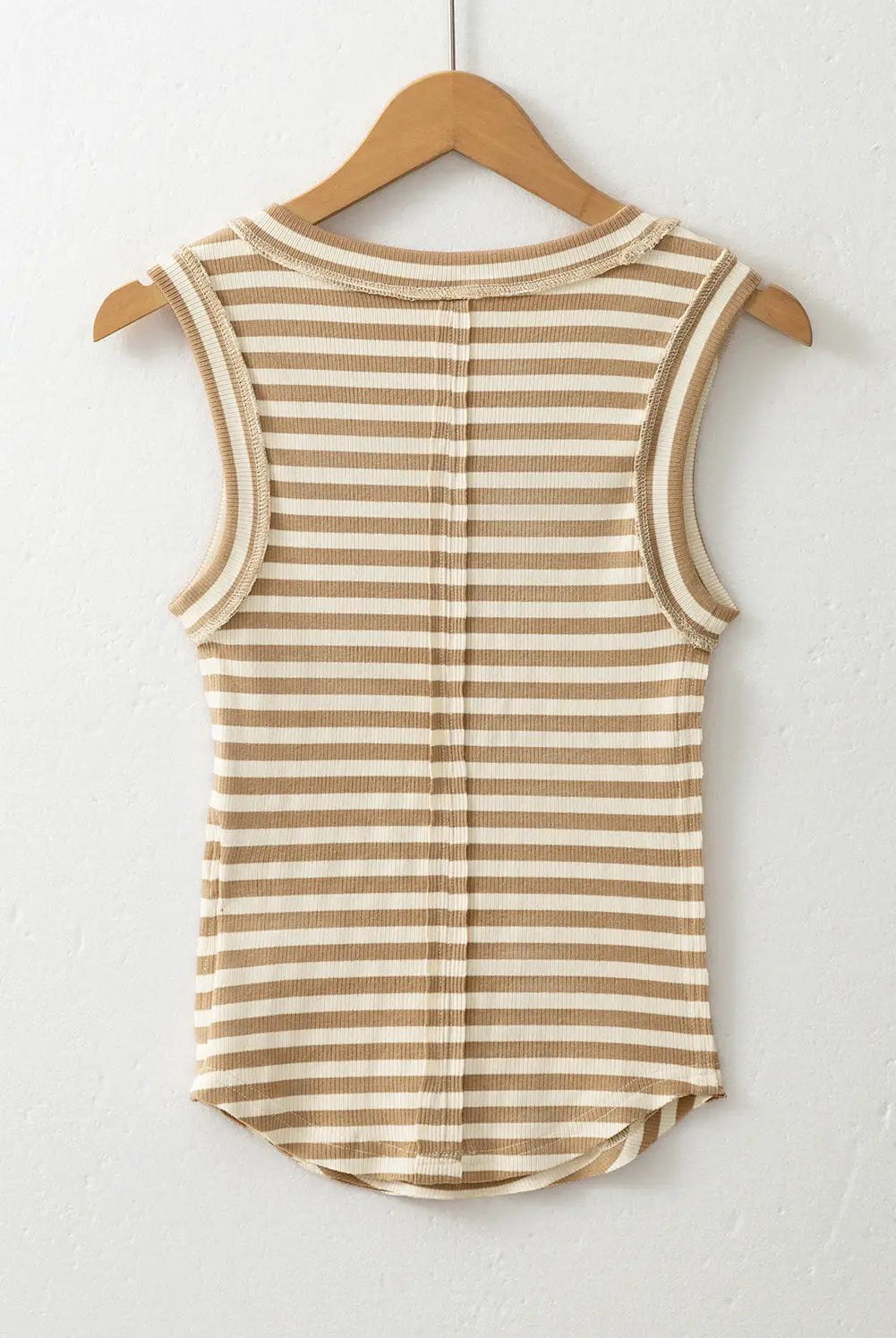 Grateful Threads Boutique Khaki Stripe Sleeveless Top with Exposed Seam Trim – Chic & Comfy - Tank Tops Khaki Stripe Exposed Seam Trim Round Neck Sleeveless Top