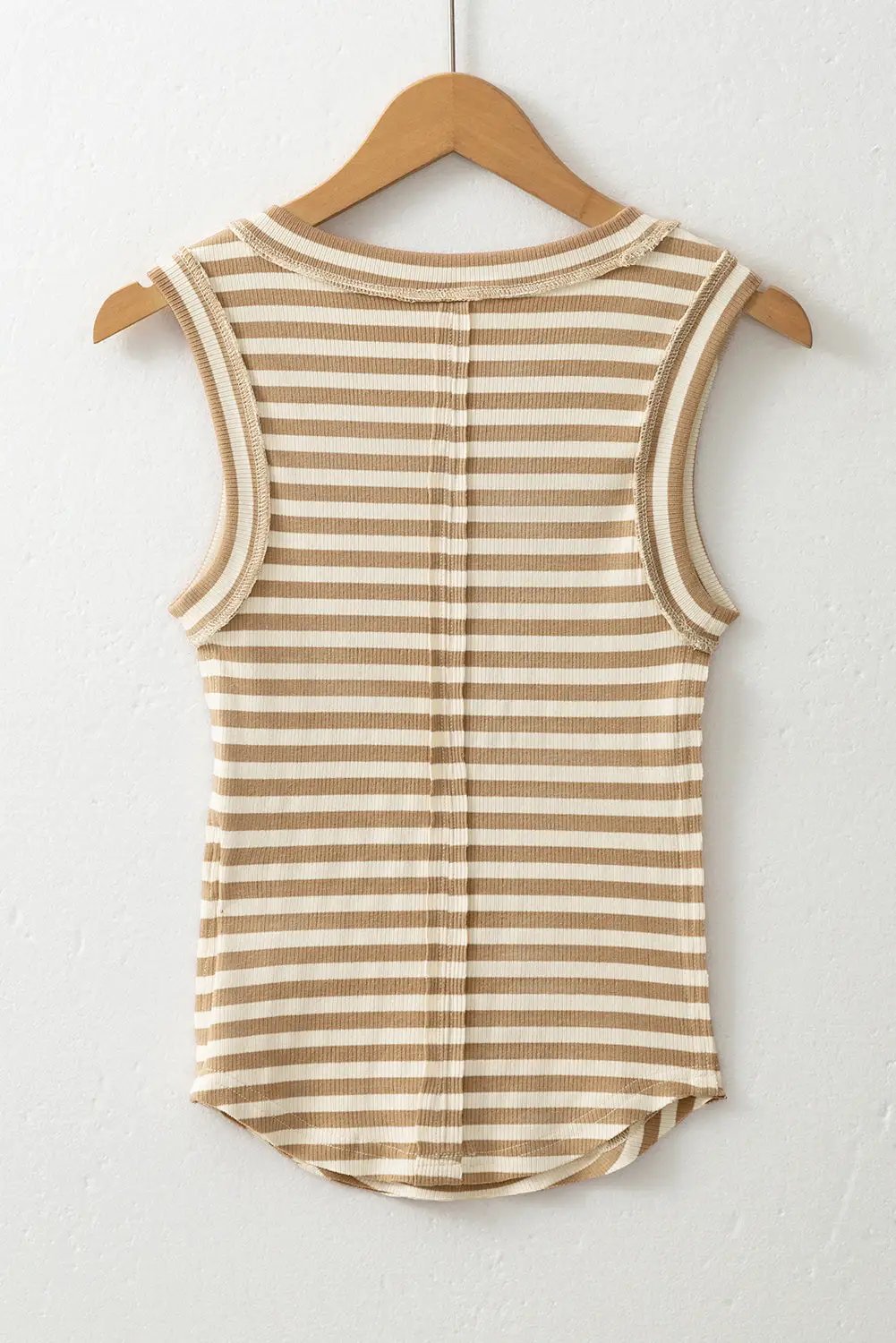 Grateful Threads Boutique Khaki Stripe Sleeveless Top with Exposed Seam Trim – Chic & Comfy - Tank Tops Khaki Stripe Exposed Seam Trim Round Neck Sleeveless Top