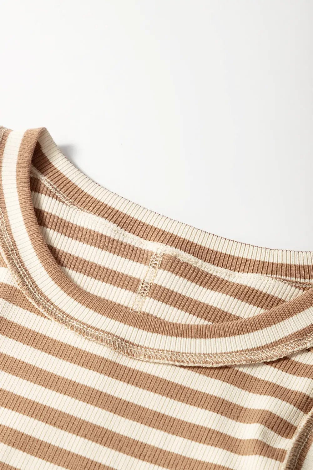 Grateful Threads Boutique Khaki Stripe Sleeveless Top with Exposed Seam Trim – Chic & Comfy - Tank Tops Khaki Stripe Exposed Seam Trim Round Neck Sleeveless Top
