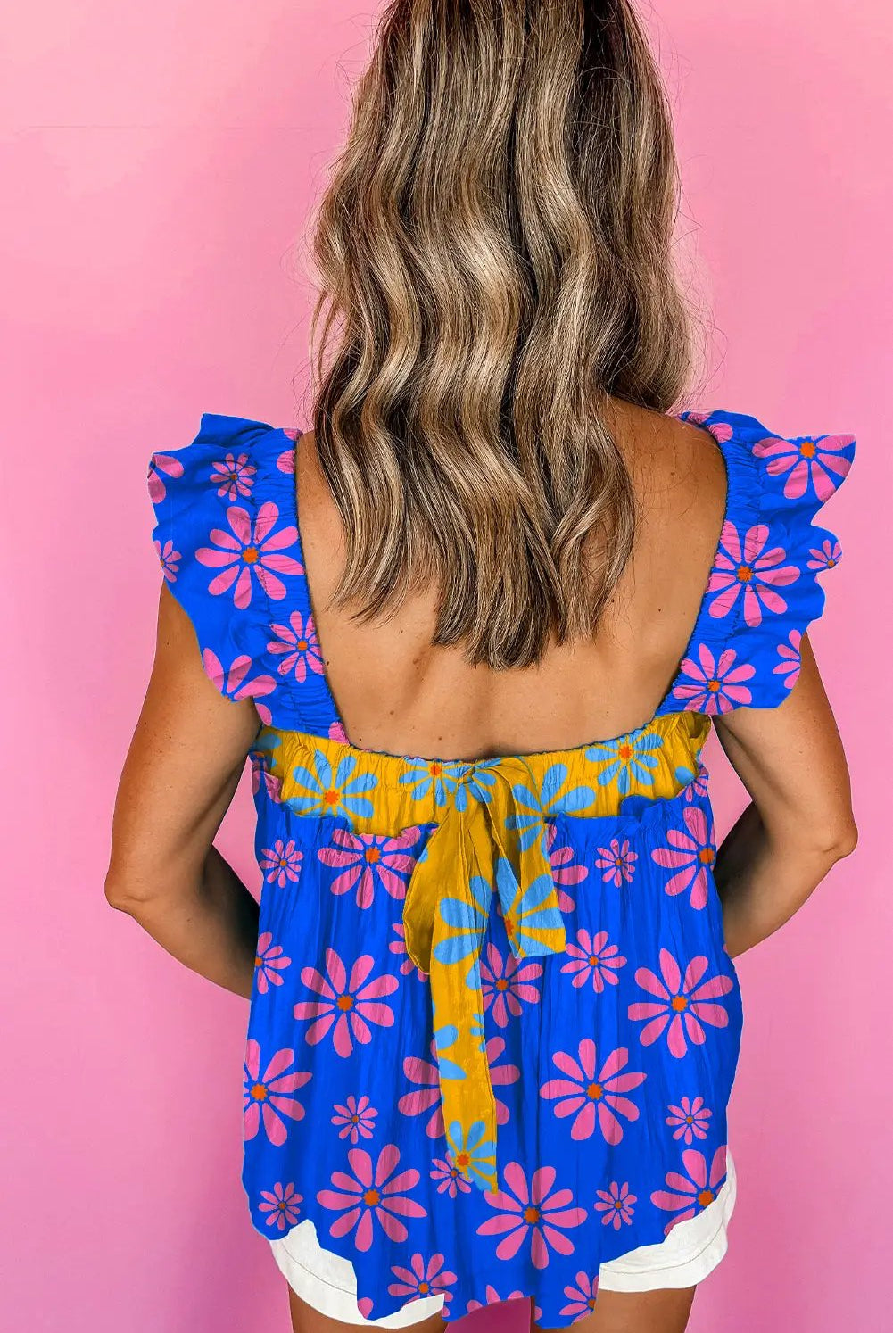 Grateful Threads Boutique Blue Floral Colorblock Flutter Straps Flowy Tank Top - Tank Tops Blue Floral Colorblock Flutter Straps Flowy Tank Top