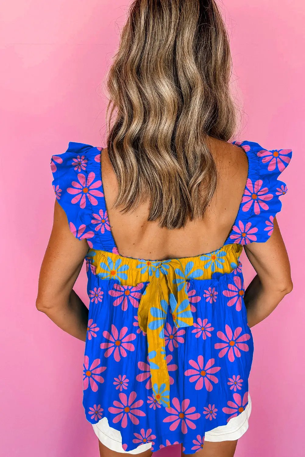 Grateful Threads Boutique Blue Floral Colorblock Flutter Straps Flowy Tank Top - Tank Tops Blue Floral Colorblock Flutter Straps Flowy Tank Top