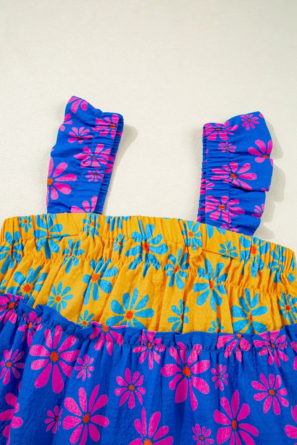 Grateful Threads Boutique Blue Floral Colorblock Flutter Straps Flowy Tank Top - Tank Tops Blue Floral Colorblock Flutter Straps Flowy Tank Top