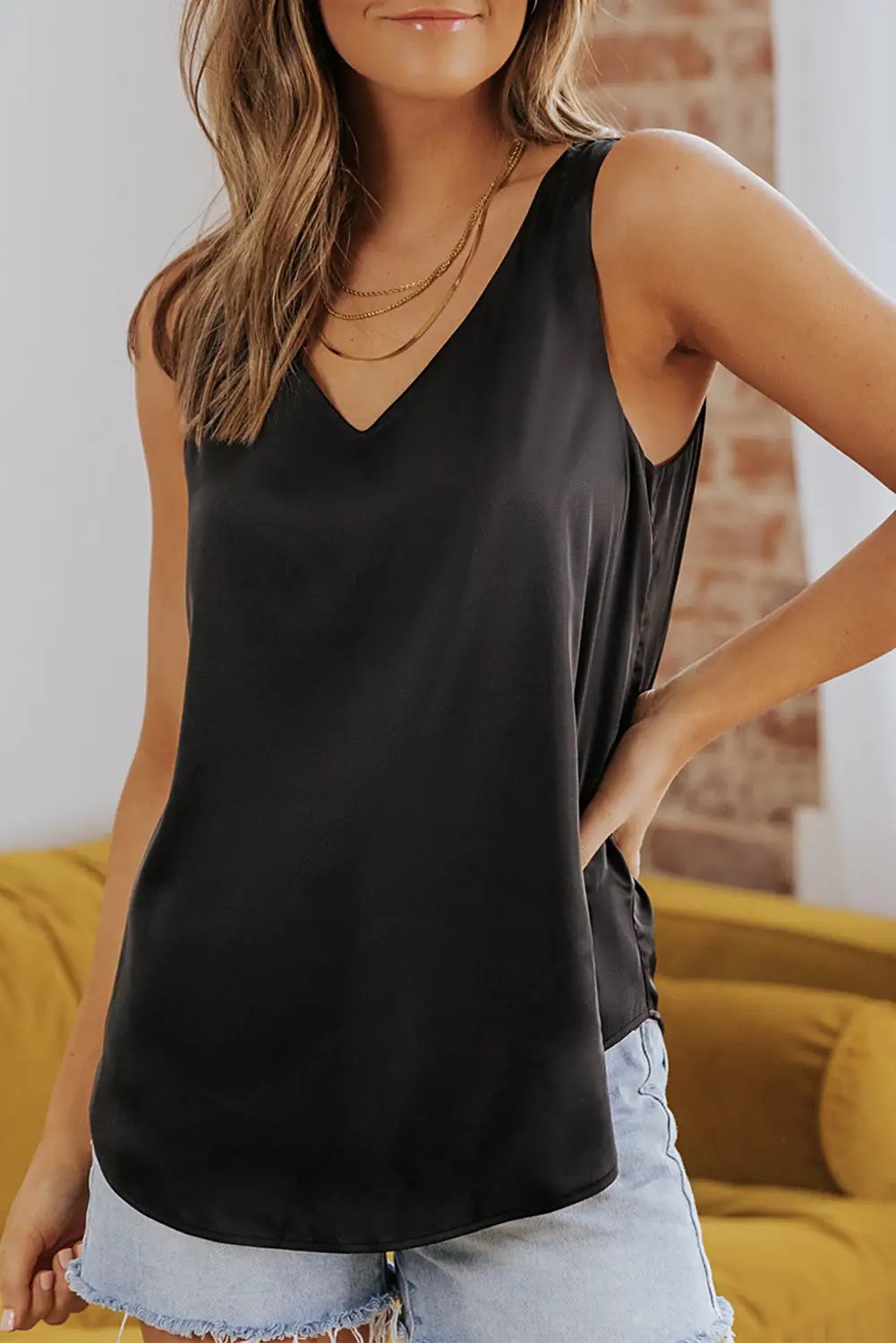 Grateful Threads Boutique Black Deep V-Neck Double Lined Camisole Top - Tank Tops Top