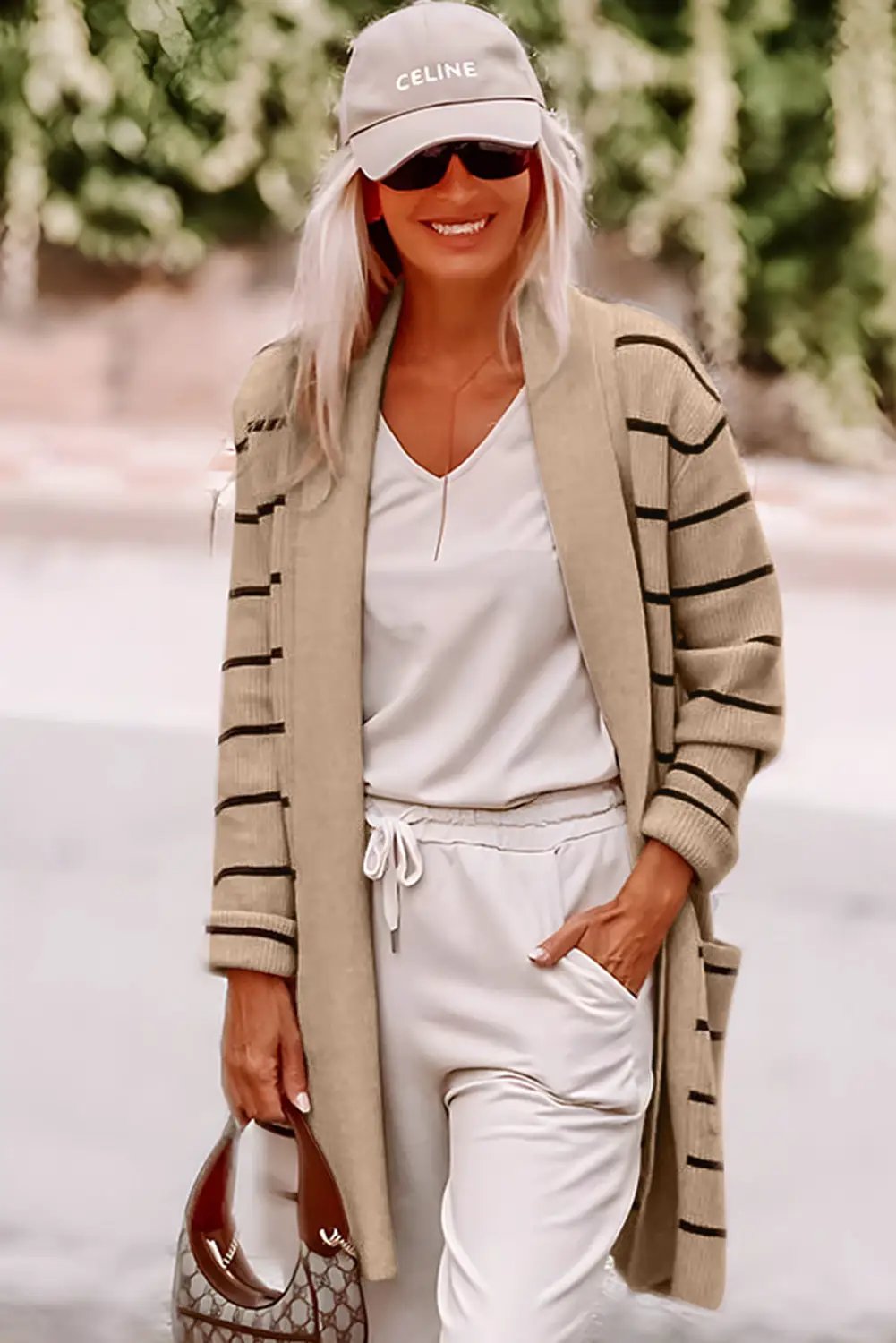 Grateful Threads Boutique Black Stripe Shawl Neckline Open Cardigan with Pockets - Cardigans