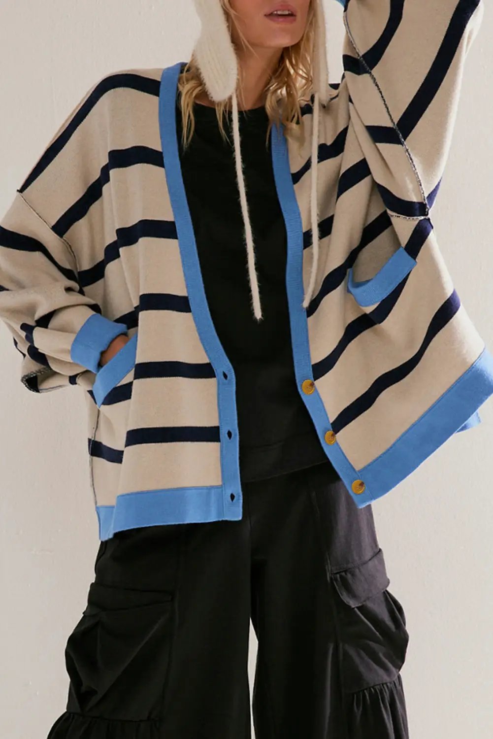 Grateful Threads Boutique White Colorblock Loose Cardigan - Cardigans