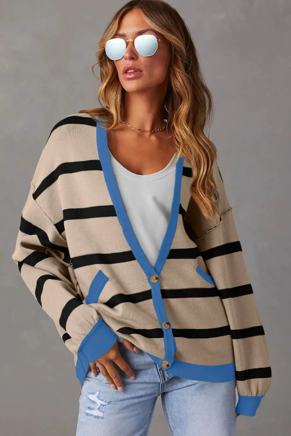 Grateful Threads Boutique White Colorblock Loose Cardigan - Cardigans