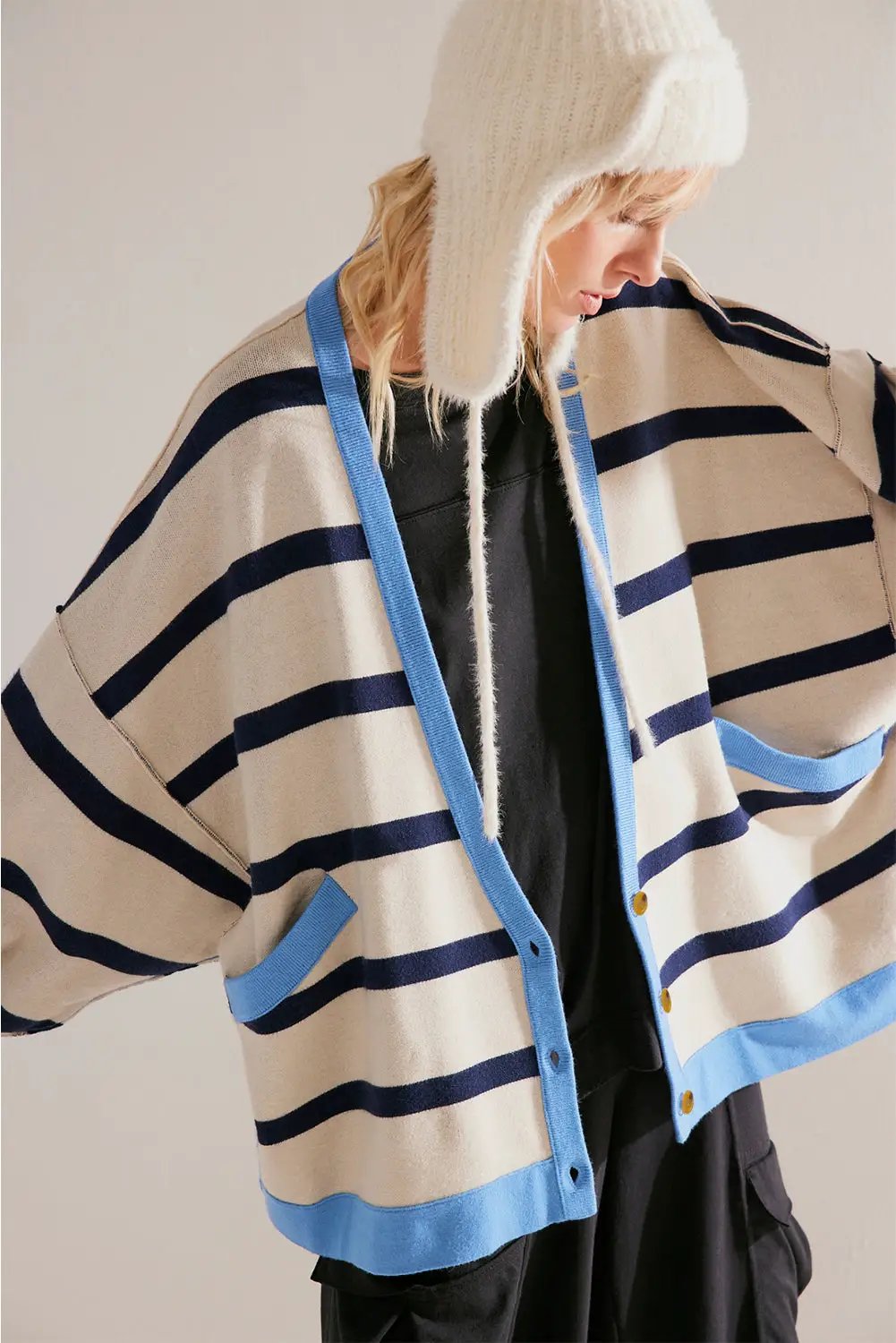 Grateful Threads Boutique White Colorblock Loose Cardigan - Cardigans