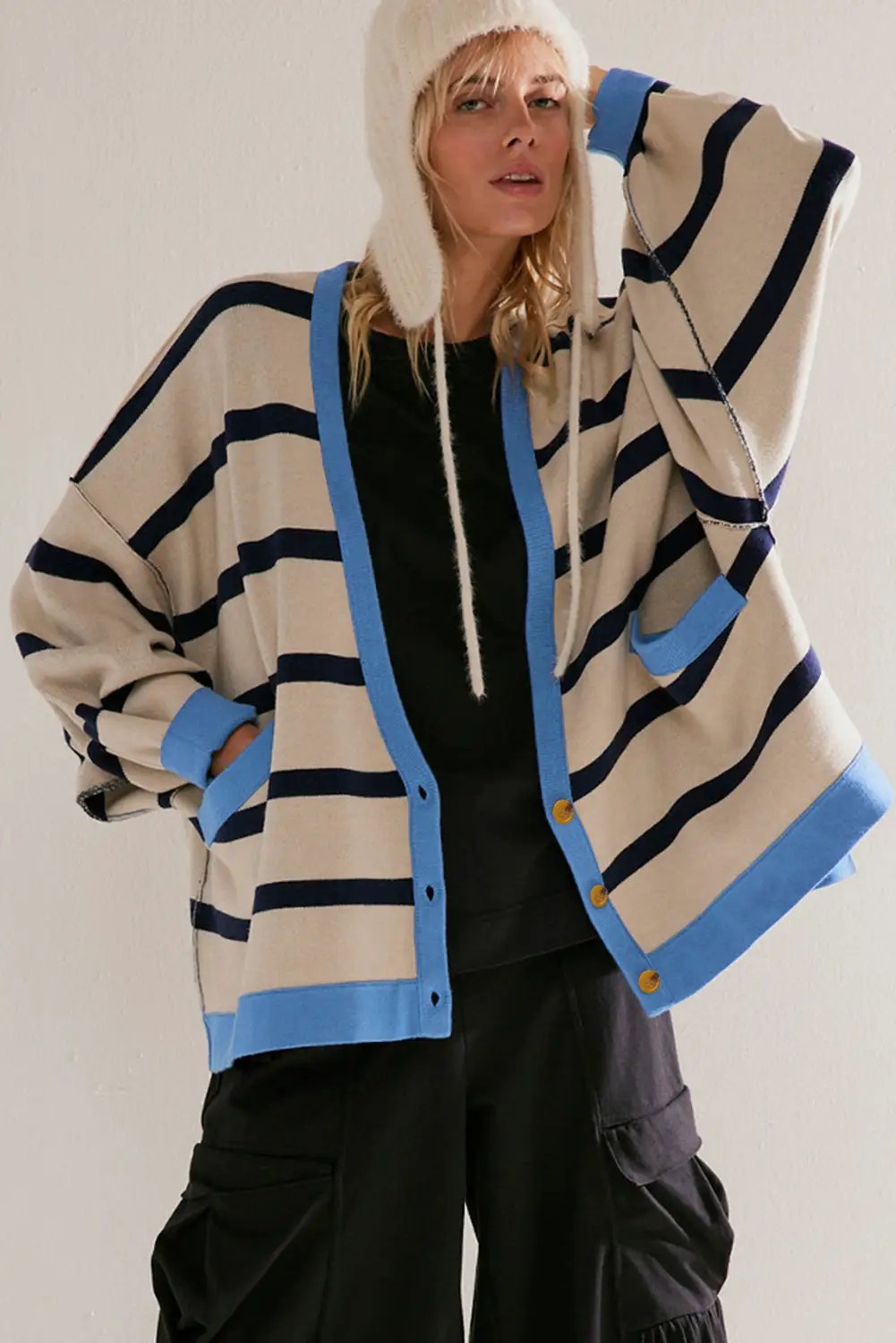 Grateful Threads Boutique White Colorblock Loose Cardigan - Cardigans