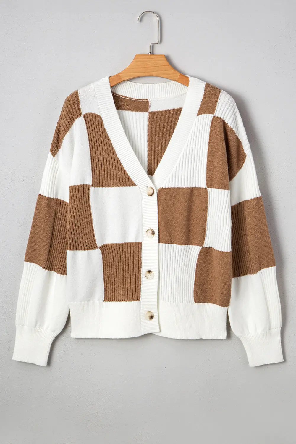 Grateful Threads Boutique Mocha Checkered Pattern Ribbed Detail Button V-Neck Sweater Cardigan - Cardigans Khaki Checkered Pattern Ribbed Detail Button V Neck Sweater Cardigan